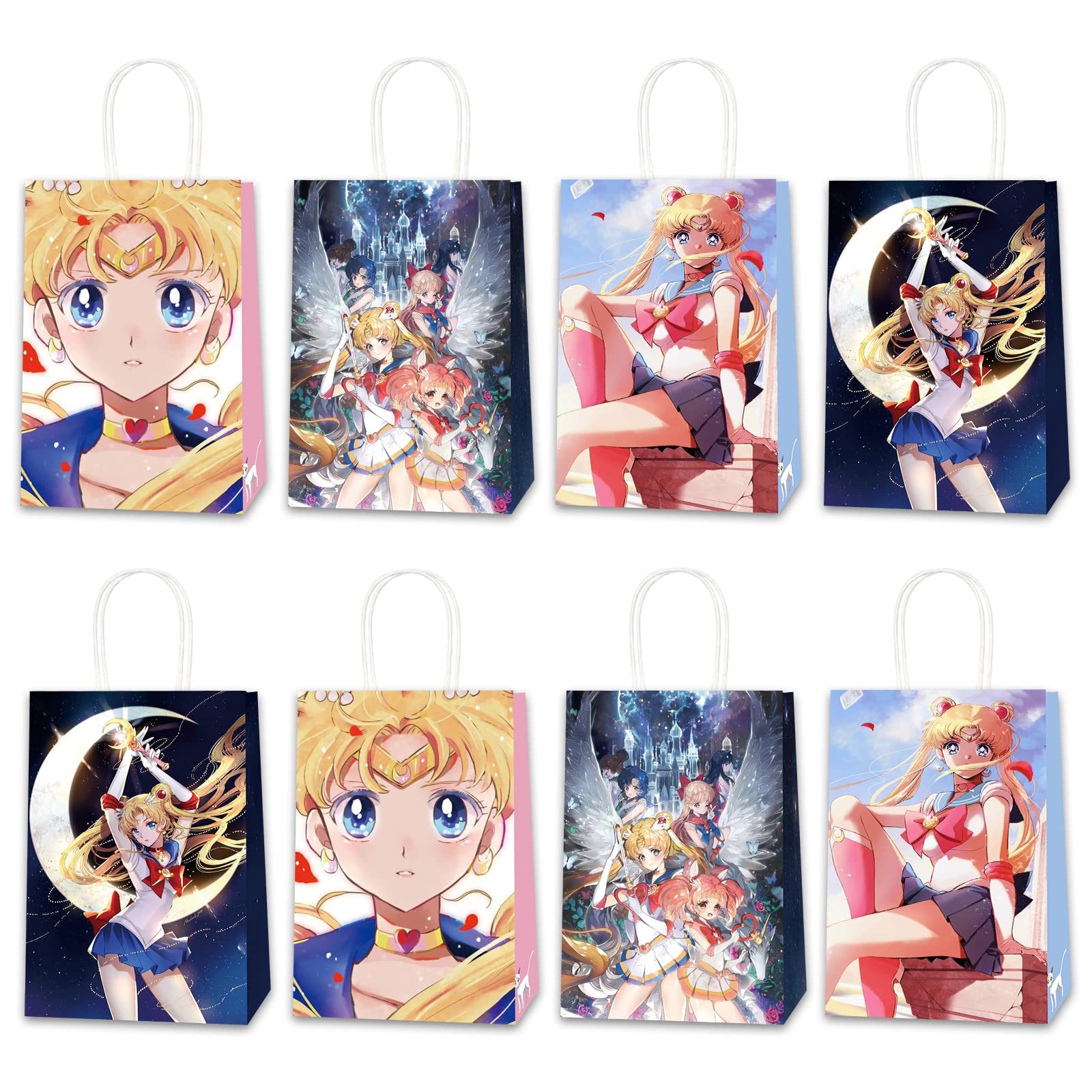 16 Pcs Sailor Moon Anime Gift Bags with Handles - Cartoon Party Favor Bags for Birthday Decorations, Girls' Party Supplies (4 Cute Designs) - Perfect for Birthday Parties, Baby Showers & Anime Themed Events