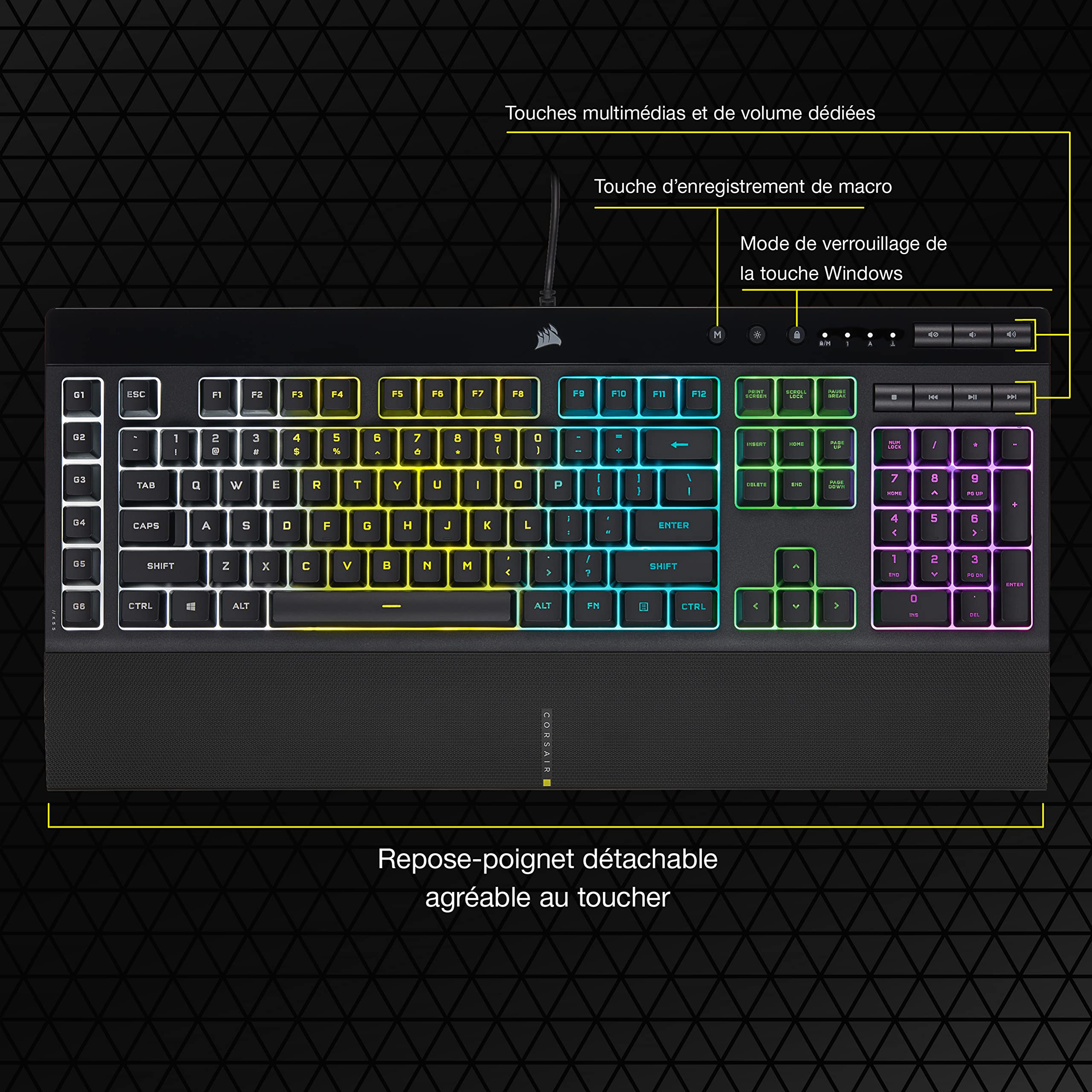 CORSAIR K55 RGB PRO Wired Gaming Keyboard – Membrane Keys, IP42 Dust & Splash Resistant – 6 Dedicated Macro Keys, Elgato Integration – iCUE Compatible – AZERTY FR Layout – for PC, Mac, Xbox – Black – Perfect for Gaming, Streaming & Office Work