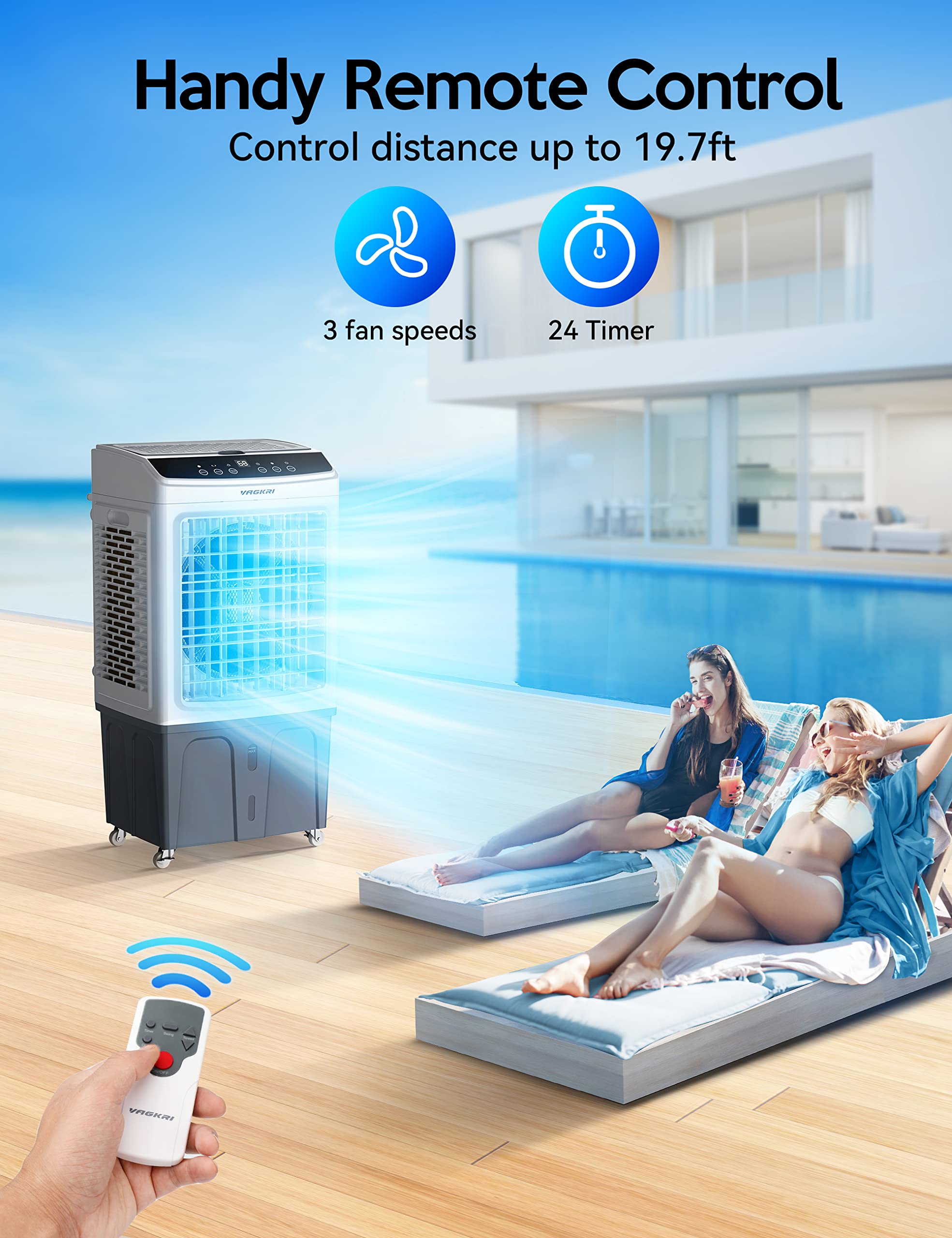 VAGKRI 2200CFM Evaporative Air Cooler with Remote Control - 120° Oscillation, 24H Timer, 3 Speed Modes - 9.2 Gallon Water Tank for Indoor & Outdoor Cooling - Perfect for Home, Office, Patio, and Garage Use