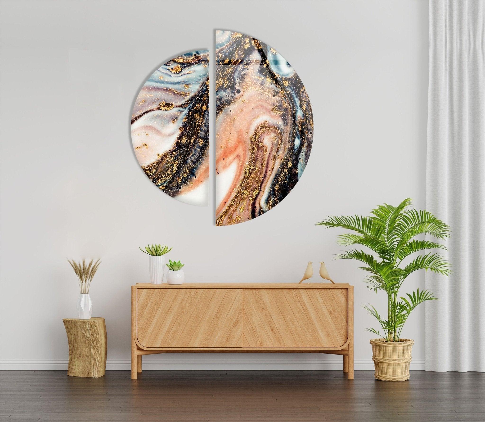 2 Piece Golden Fractal Glass Wall Art Set - Modern Abstract Geometric Decor for Living Room, Bedroom & Office - Handmade 3D Glass Panel Artwork for Home & Wall Decor