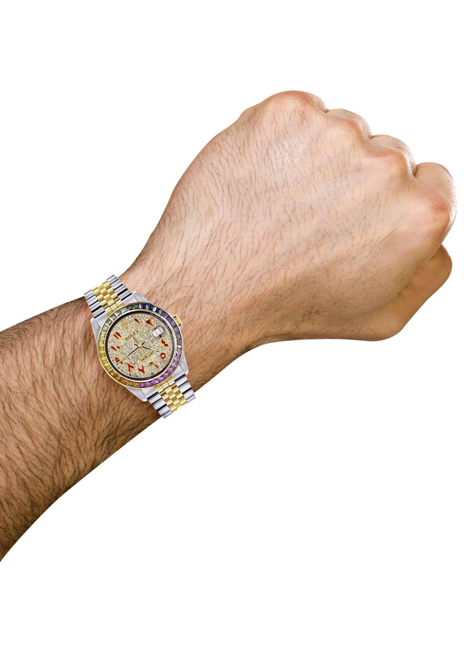 Luxury Diamond Gold Rolex Watch for Men 16233 | 36mm Rainbow Sapphire Bezel | Iced Out Red Arabic Numeral Dial | Jubilee Band | Perfect for Gifts, Weddings & Special Occasions