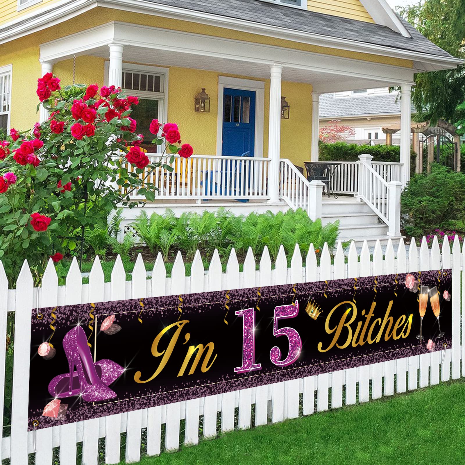 Funny 15th Birthday Banner - Large Purple & Gold 'I'm 15 Bitches' Party Sign for Girls | Sweet Sixteen Yard Decorations | Perfect for Birthday Parties, Backyard Celebrations & Teenage Milestone Events
