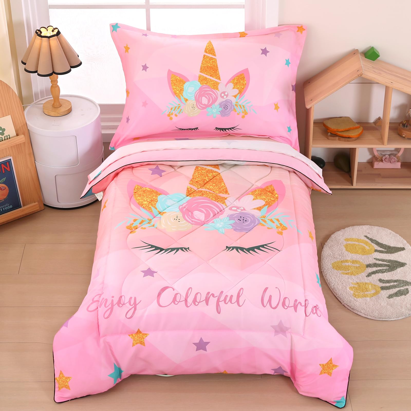 Wowelife Pink Unicorn Toddler Bedding Set - Soft Breathable 4-Piece Comforter Set with Rainbow Design for Kids Bedroom | Includes Comforter, Fitted Sheet, Flat Sheet & Pillowcase | Perfect for Nursery, Daycare or Gift