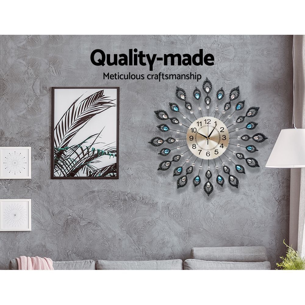 Artiss 60CM Peacock Wall Clock - Large 3D Modern Crystal Luxury Round Wall Clock for Home Decor (Black) - Perfect for Living Room, Bedroom & Office Decoration