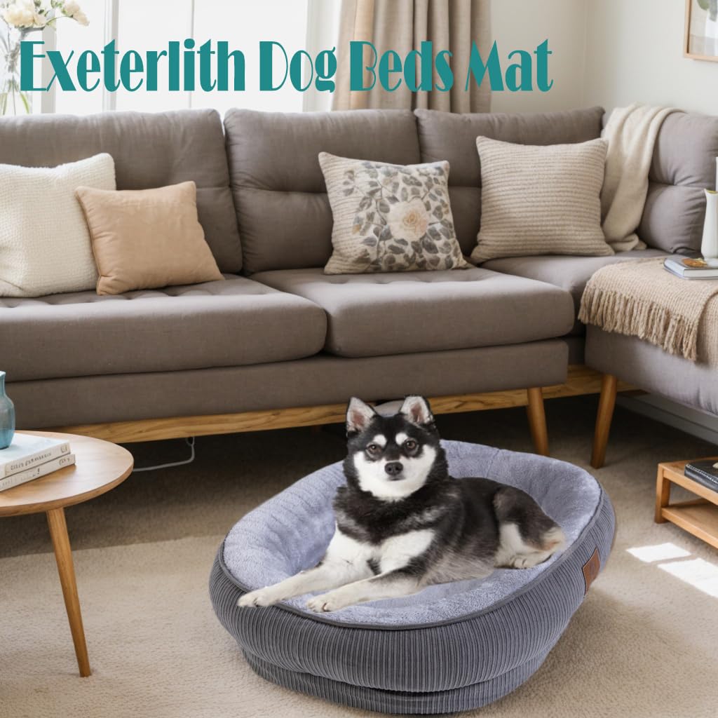 Round Calming Bolster Dog Bed with Removable Washable Cover - Medium & Small Dog Sofa Bed for Puppies (Grey, 25.6'' x 21.6'' x 6.3'') - Perfect for Crates, Living Rooms & Pet Anxiety Relief