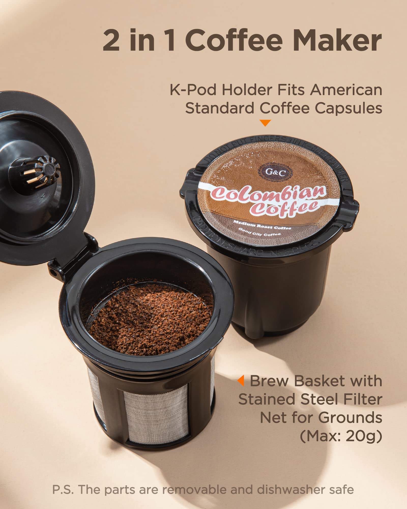 Famiworths Mini Single Serve Coffee Maker for K-Cups & Ground Coffee - 6 to 12 Oz Brew Sizes, Compact Capsule Coffee Machine with Water Window & Descaling Reminder - Perfect for Home, Office, Dorm & Travel (Gray)