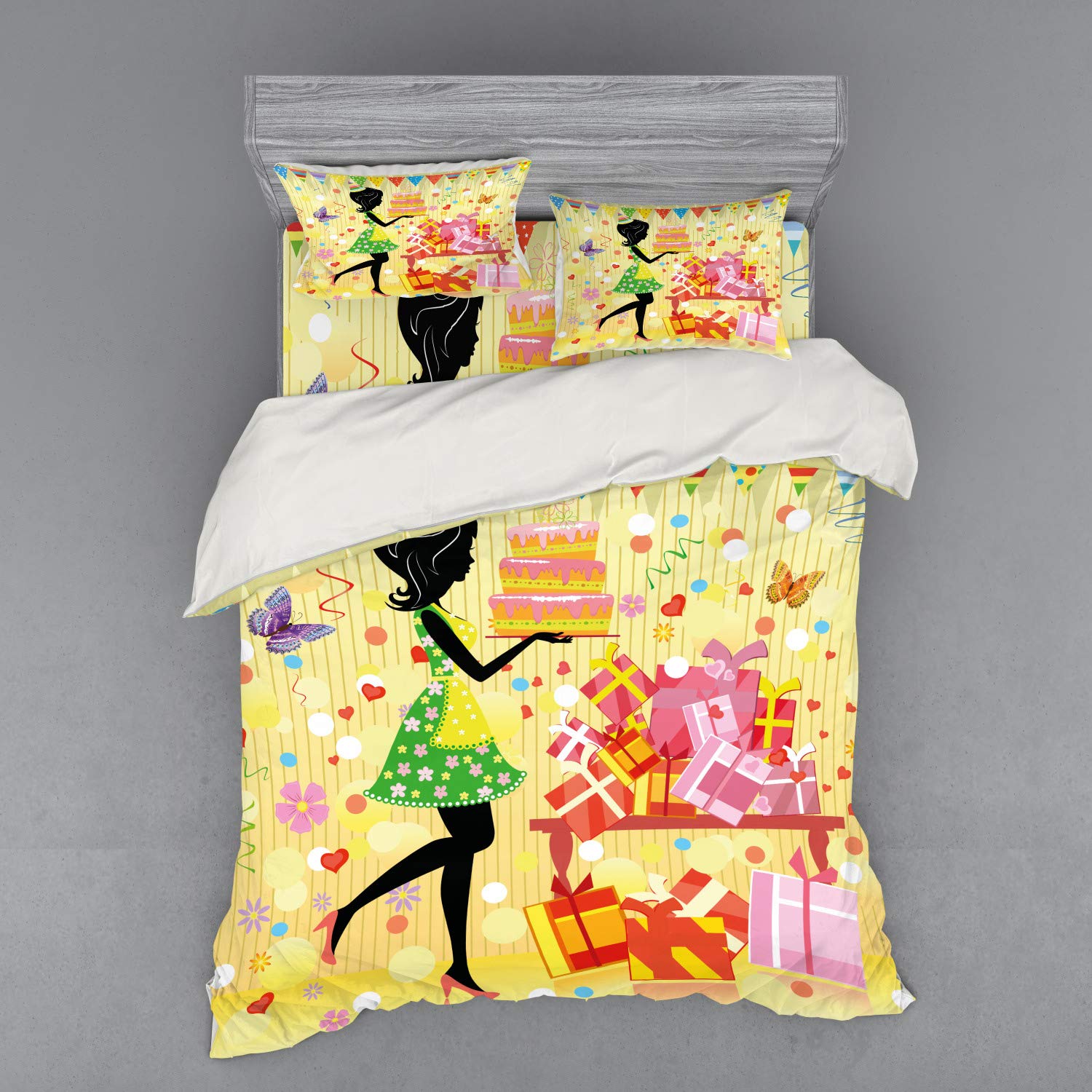Ambesonne Birthday Bedding Set for Women - Queen Size 4-Piece Duvet Cover with Shams & Fitted Sheet, Colorful Butterfly & Birthday Cake Design - Perfect for Birthday Gifts, Bedroom Decor & Special Occasions