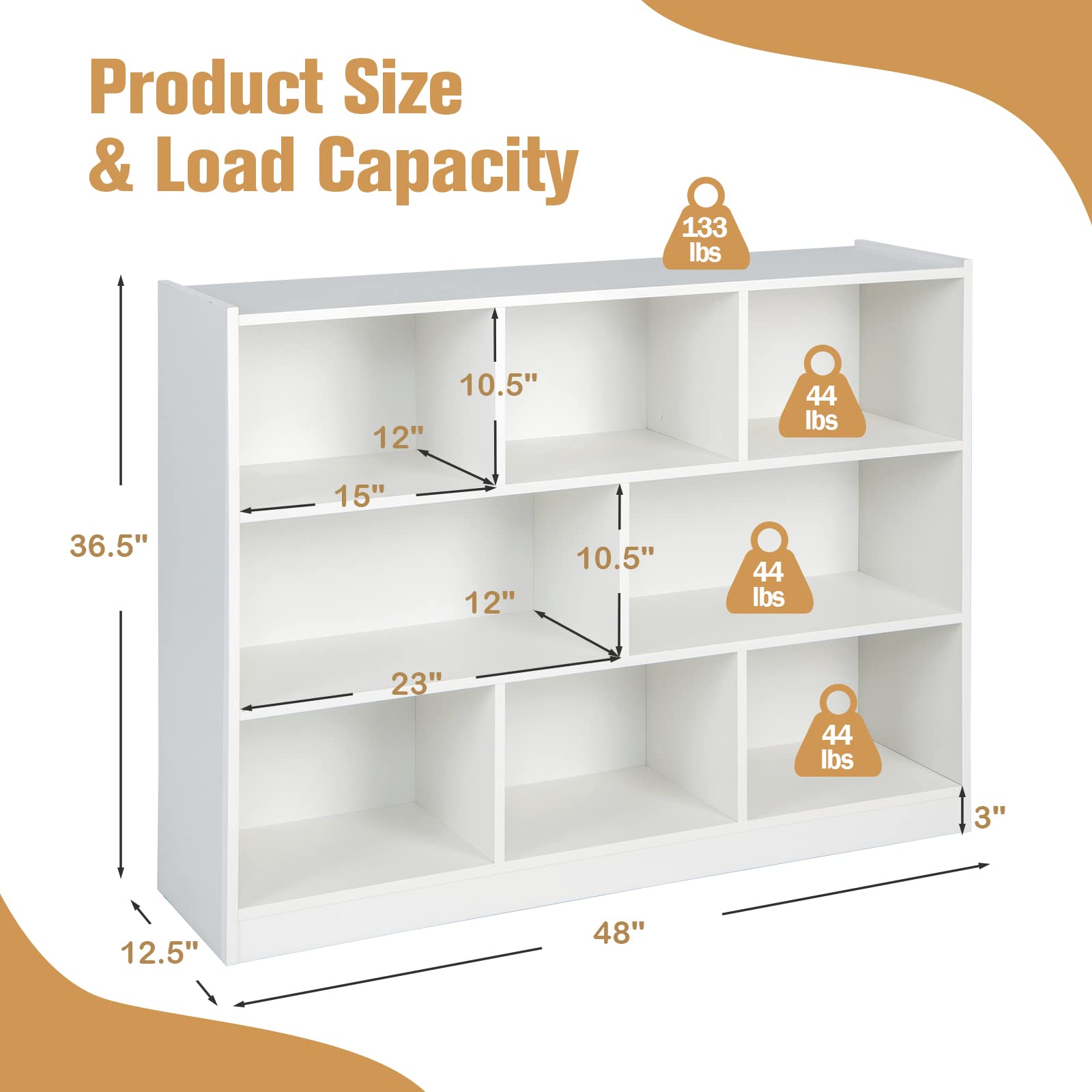 Costzon Kids Toy Organizer & Storage Shelf - 3-Tier Wooden Bookshelf with 8 Cubby Bins for Books, Toys, Clothes | Perfect for Playroom, Bedroom, Nursery & Living Room Organization (White)
