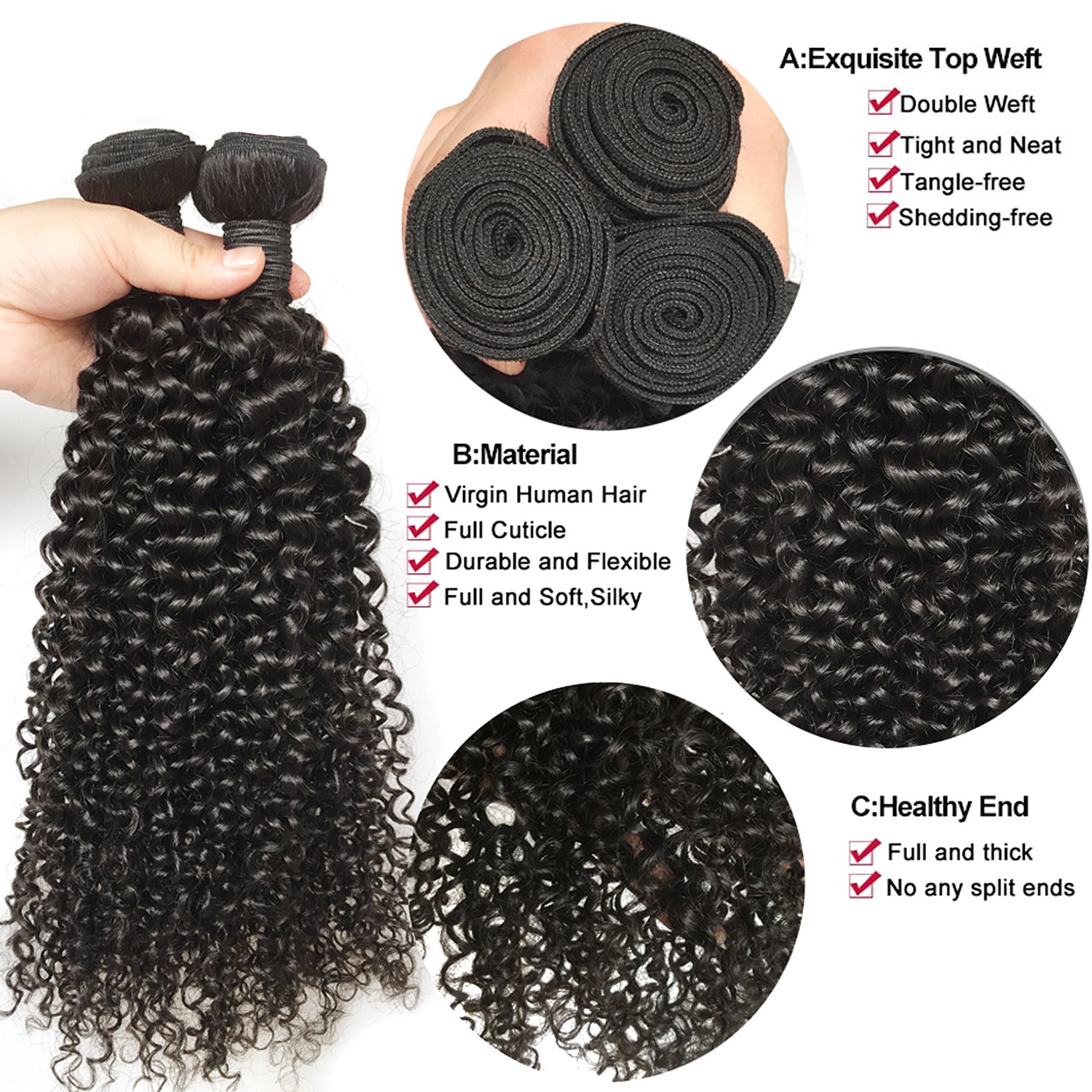Klaiyi 10A Brazilian Curly Virgin Human Hair Extensions - 3 Bundles (12/14/16 Inch) Unprocessed Natural Color 95-100g/pc - Perfect for Daily Styling, Special Occasions & Salon Use