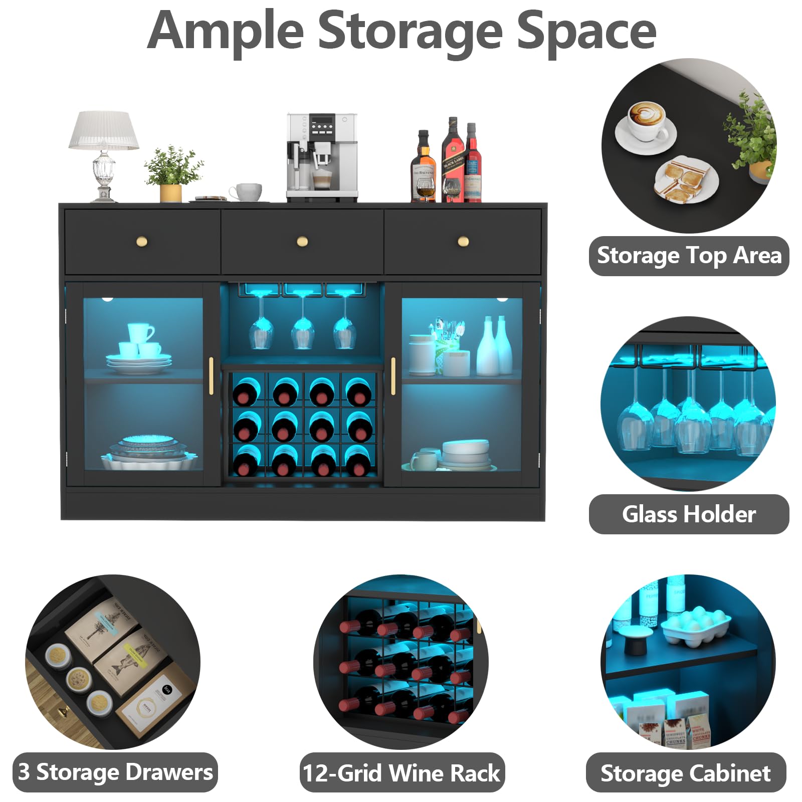 Modern Black Wine Bar Cabinet with LED Light - Home Coffee & Liquor Storage with Adjustable Shelves, Glass Door, and Wine Rack - Perfect for Kitchen, Dining Room, or Home Bar Organization