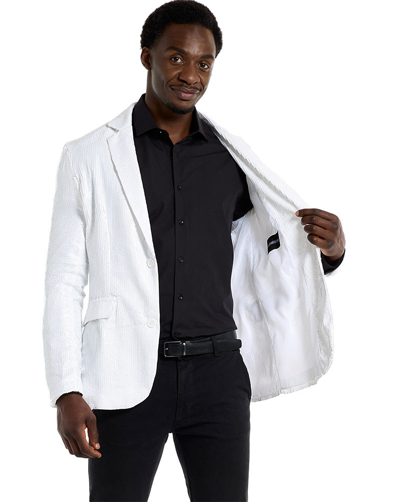 Vintage 70s Sequins White Men's Suit Jacket - Retro Disco Party, Wedding & Special Occasion Formal Wear