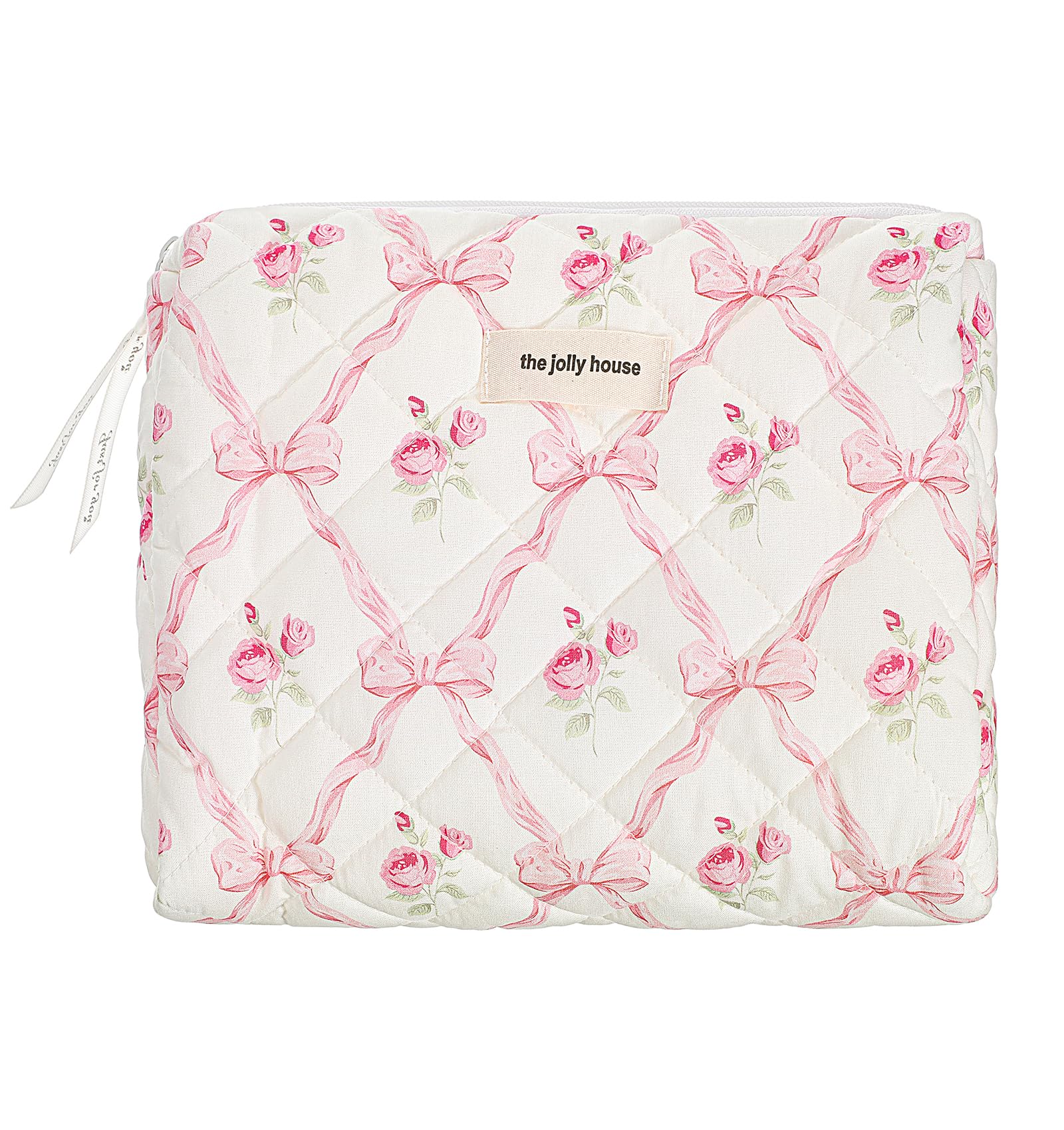Floral Makeup Bag for Women - Large Quilted Cosmetic Pouch with Pink Bow Design, Travel Toiletry Organizer for Girls | Perfect for Travel, Gym & Everyday Essentials Storage