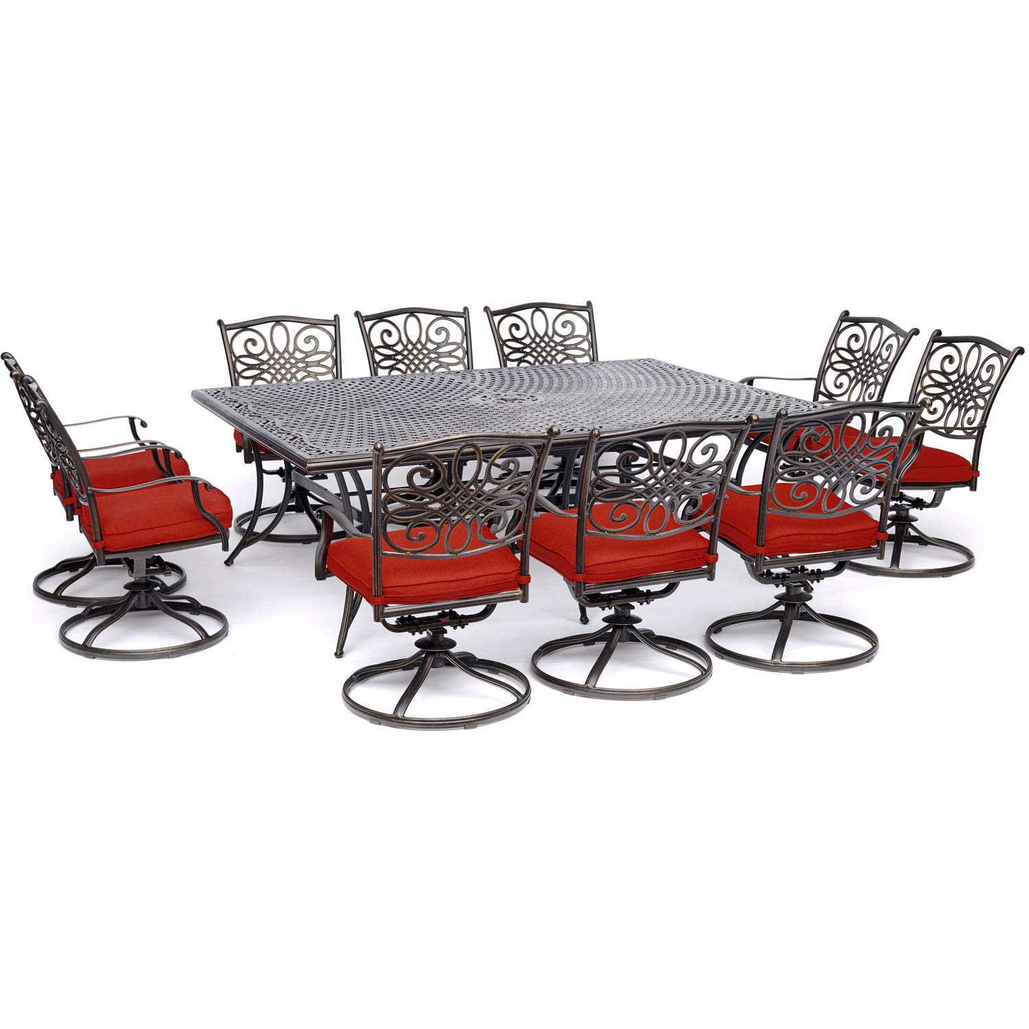 Hanover Traditions 11-Piece Modern Outdoor Dining Set - Rust-Resistant Cast Aluminum Rectangular Table & 10 Swivel Rocker Chairs with Weatherproof Red Cushions | Patio, Garden, Backyard Furniture for Entertaining