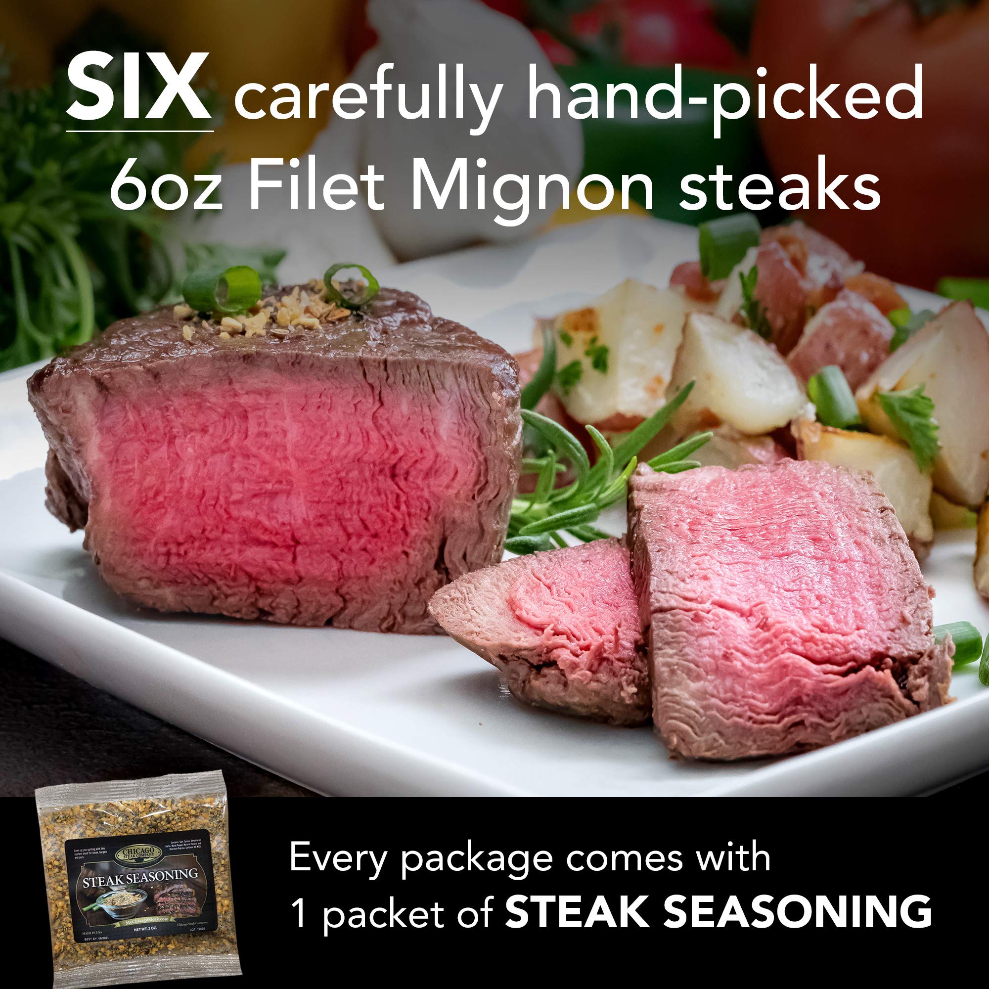 Premium Wet-Aged Filet Mignon Steak Gift Box - 6 (6 oz) USDA Prime Beef Filets with Steak Seasoning | Perfect for Grilling, Special Occasions & Gourmet Home Cooking | Chicago Steak Company Butcher's Choice
