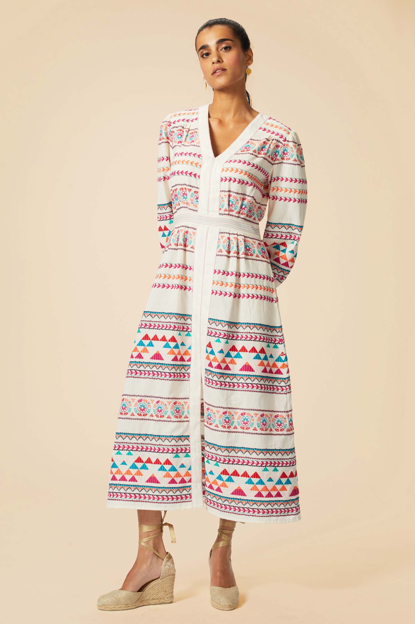 Jamila Jacquard Dress for Women | Elegant Ecru/Multi Color Floral Pattern | Perfect for Weddings, Parties & Special Occasions