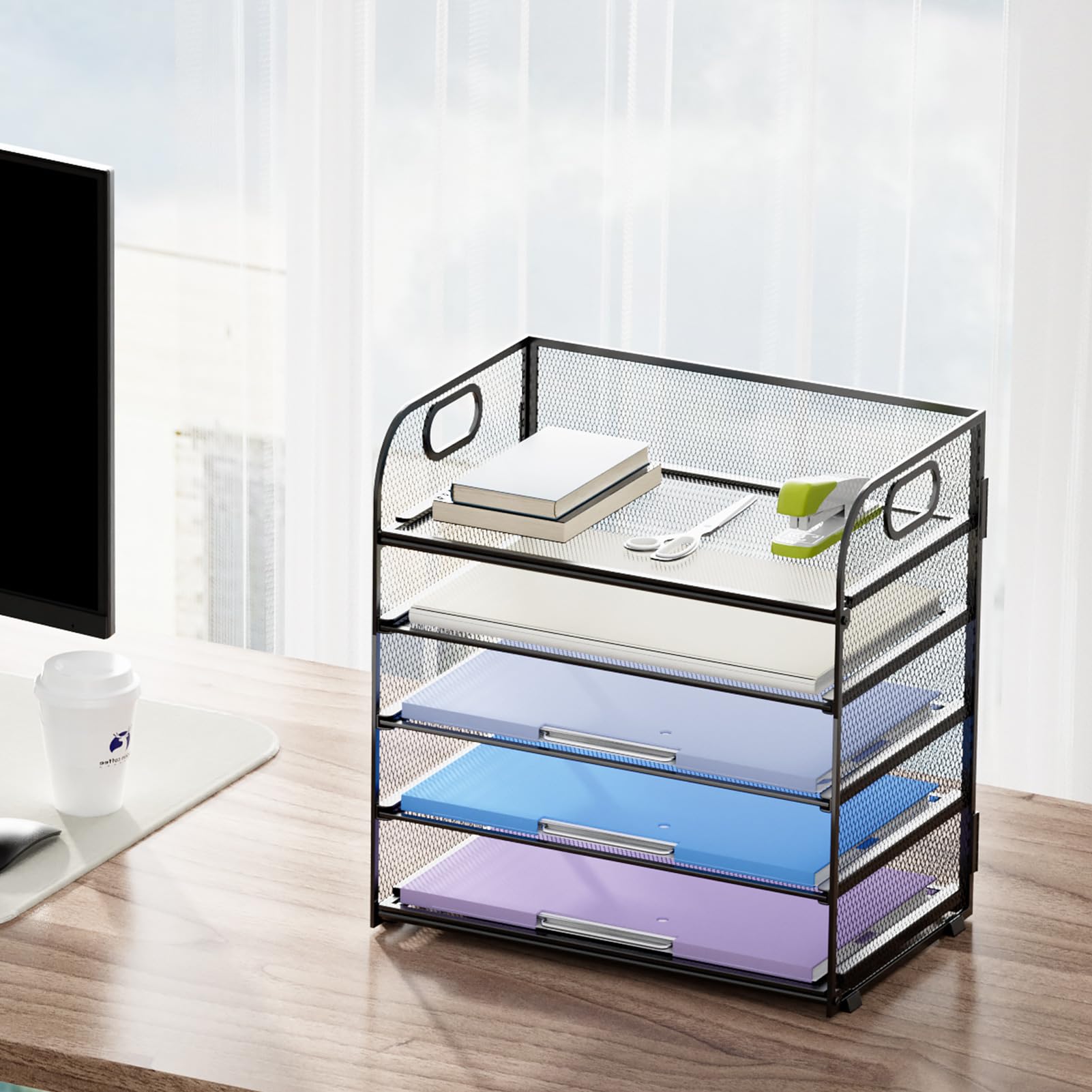 Marbrasse 5-Tier Mesh Desk File Organizer with Handle - Black Paper Letter Tray & Document Sorter for Home Office Supplies | Perfect for Bills, Mail, and Office Paperwork Organization