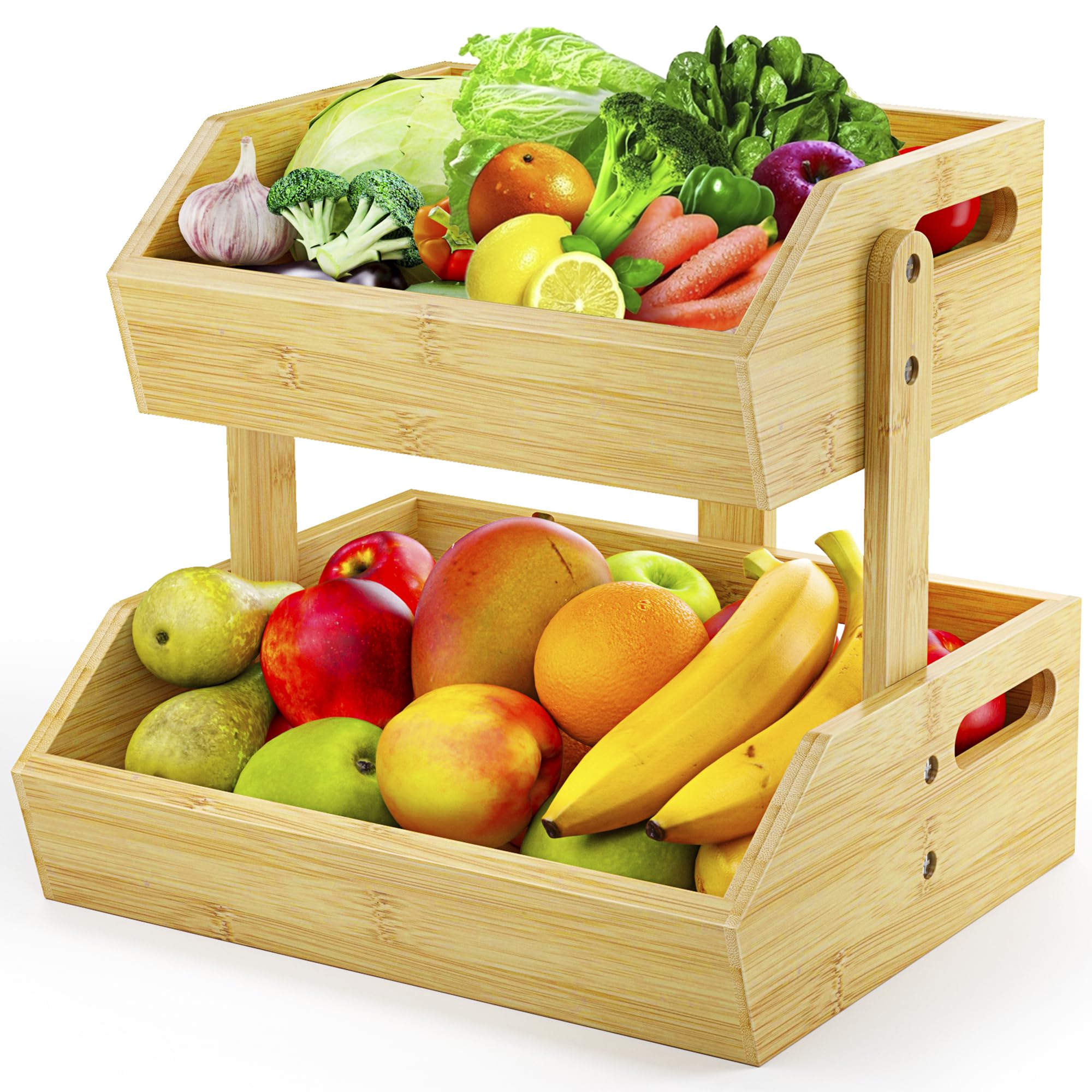 2-Tier Bamboo Fruit Basket - Kitchen Countertop Organizer for Fruits, Onions, Potatoes, Bread & Snacks | Eco-Friendly Storage Solution for Fresh Produce & Pantry Items | Perfect for Home, Office & Dining Room Decor