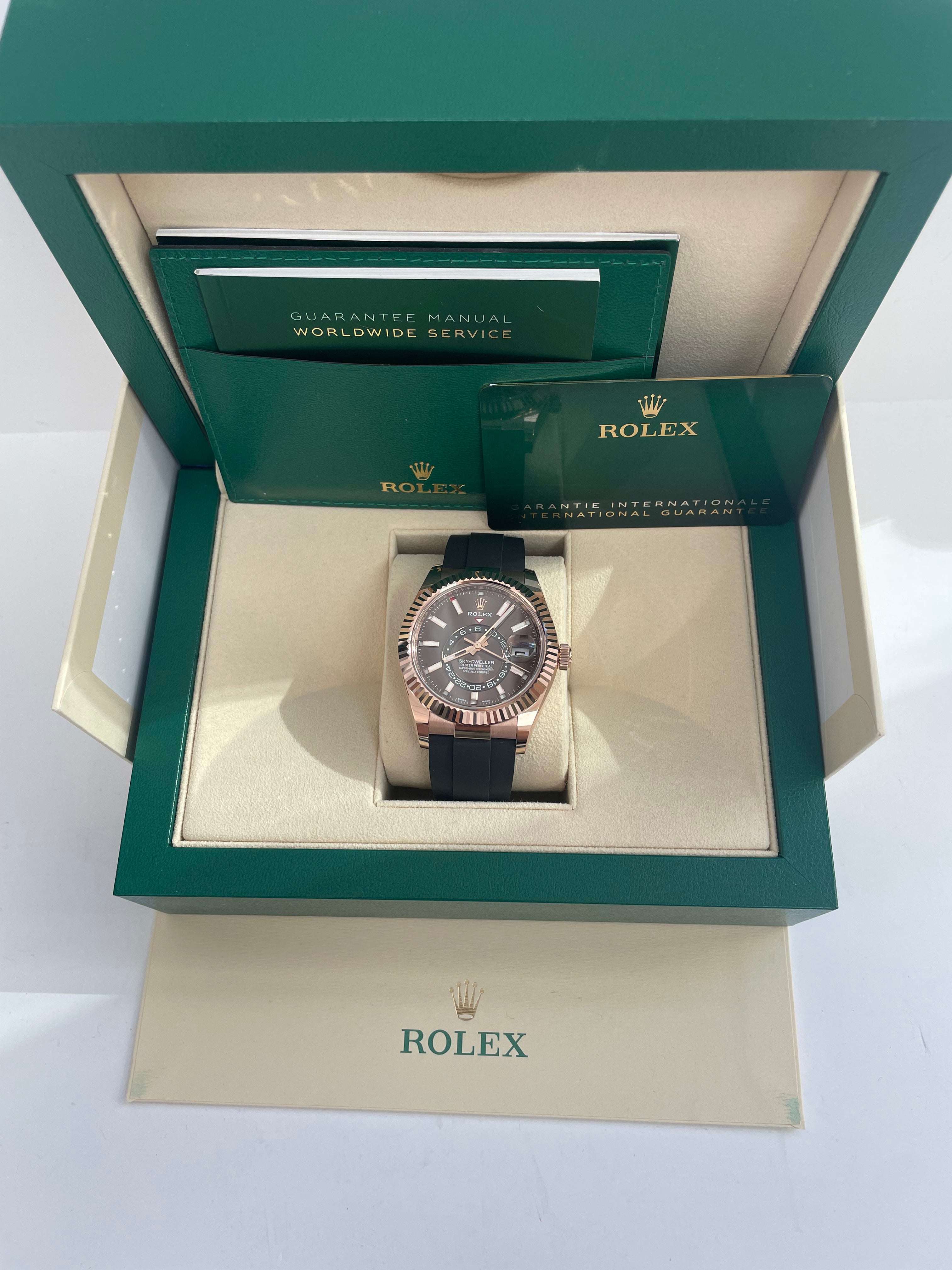 Rolex Sky-Dweller 42mm Rose Gold Watch with Chocolate Index Dial & Oysterflex Bracelet (Ref #326235) - Luxury Timepiece for Business Travelers & Watch Collectors