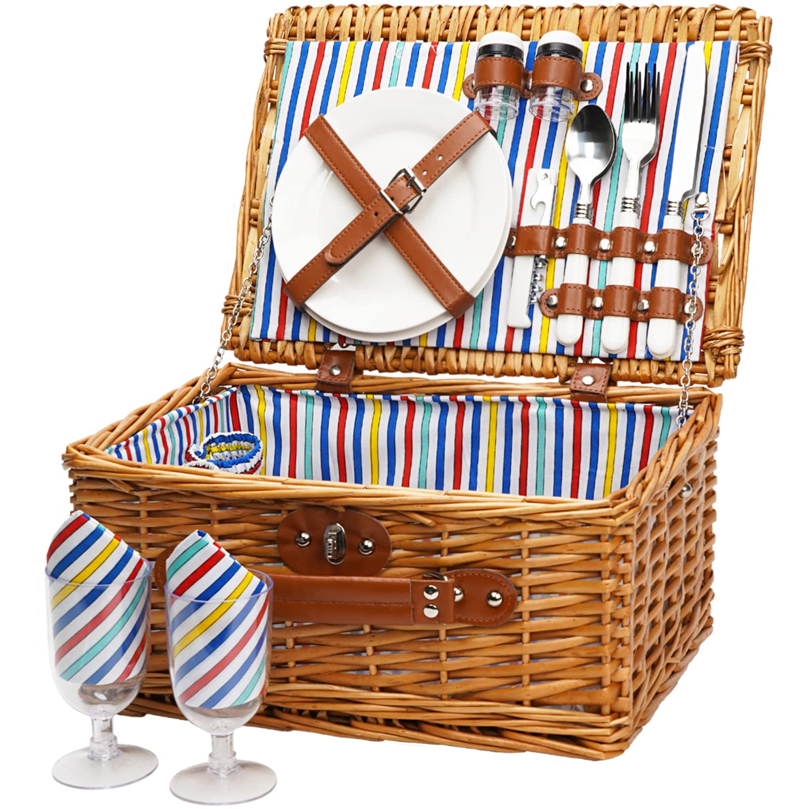Handmade Willow Picnic Basket for 2 - Wicker Hamper Set with Utensils & Cutlery | Perfect for Outdoor Picnics, Camping, Beach Trips & Romantic Dates