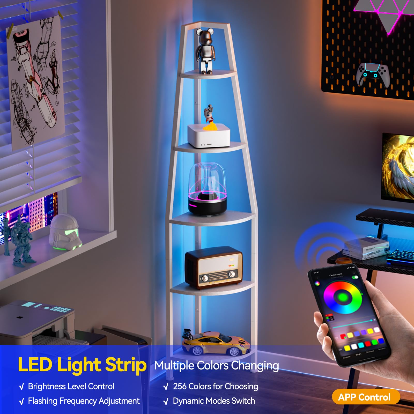Furnulem 5-Tier Corner Shelf with LED Lights - 67.2