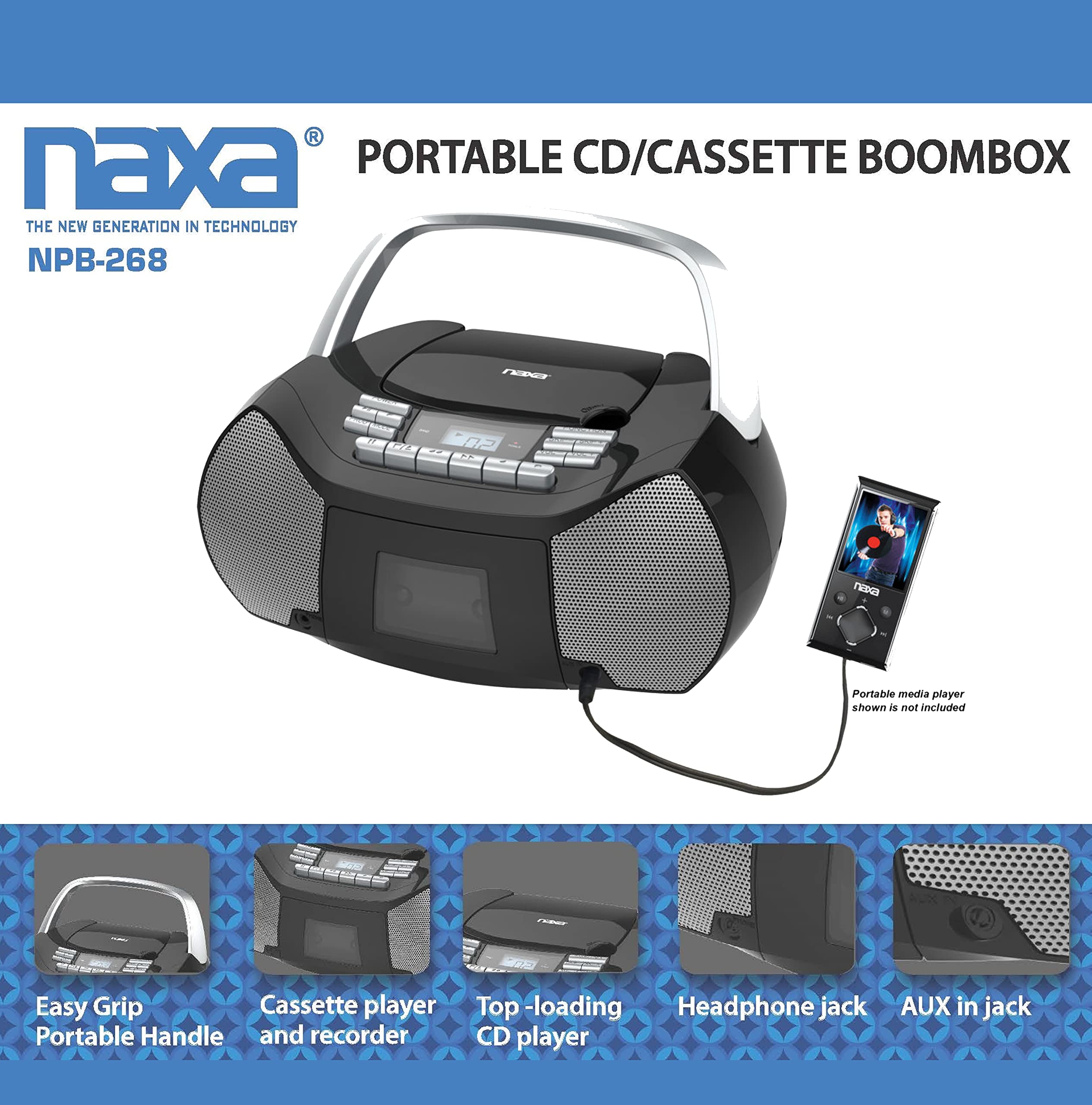Naxa Electronics NPB-268 Portable CD/Cassette Boombox with AM/FM Radio - Silver & Black Retro Style for Home, Office & Outdoor Use