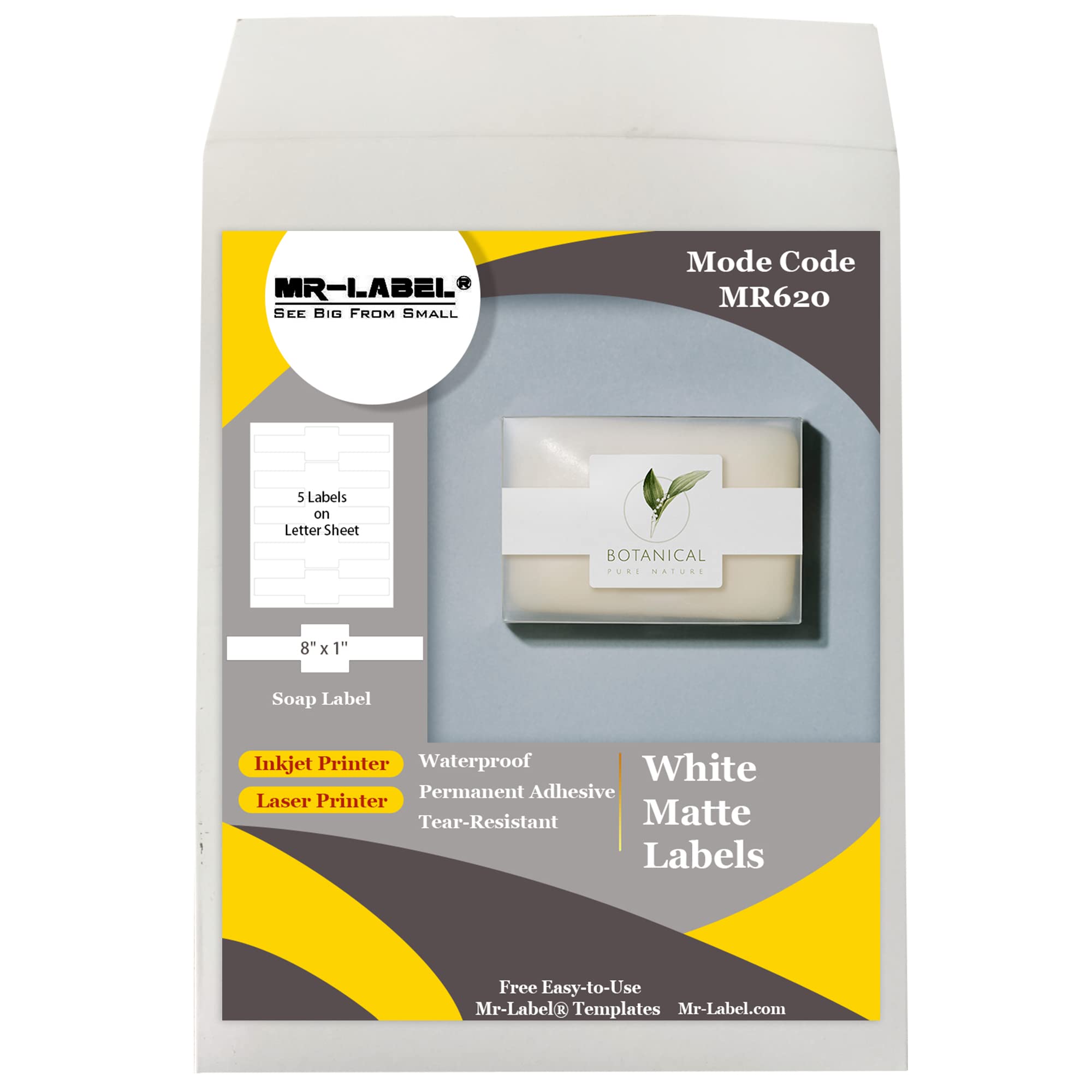 Mr-Label 1”×8” Printable White Soap Wrapper Labels - Waterproof Self-Adhesive Cigar Band Labels for Inkjet & Laser Printers - Perfect for Handmade Lotion Bars, Bath Bombs & DIY Skincare Products (10 Sheets | 50 Labels) - Ideal for Home Crafting, Small Business Packaging & Gift Wrapping