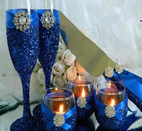 Royal Blue Wedding Set - 2 Champagne Flutes, 2 Cake Knives & 3 Candle Holders (7-Piece) | Elegant Toasting Glasses & Wedding Cake Cutters | Perfect Bridal Shower & Wedding Gift for Couples | Ideal for Wedding Receptions, Anniversary Celebrations & Romantic Dinners