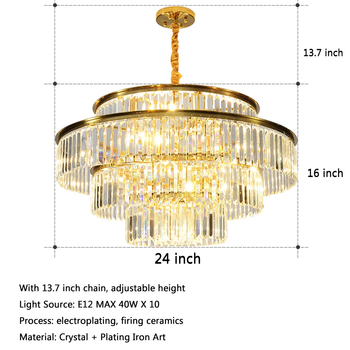 Modern Gold 4-Tier Crystal Chandelier Light - 10-Light Adjustable Height Pendant Ceiling Fixture (23 Inch Diameter) for Dining Room, Entryway, Living Room | Elegant Lighting for Weddings, Restaurants & Luxury Home Decor