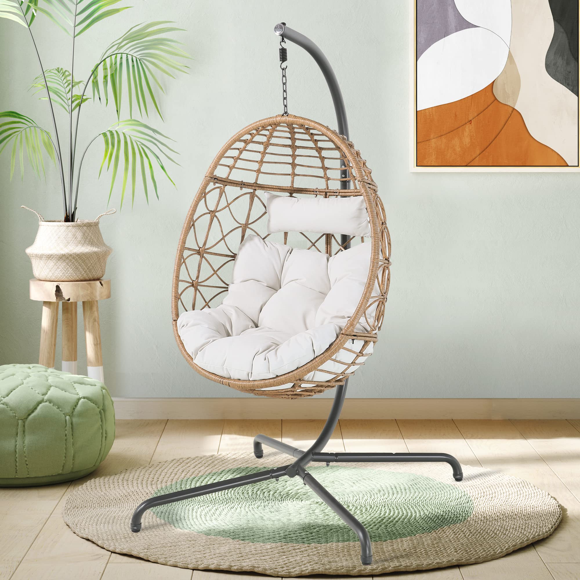 Ulax Furniture Swing Egg Chair with Stand - Indoor/Outdoor Wicker Rattan Hammock Chair with UV-Resistant Cushions - Patio Hanging Chair for Garden, Deck, and Poolside - Perfect for Relaxing in Backyard, Balcony or Sunroom