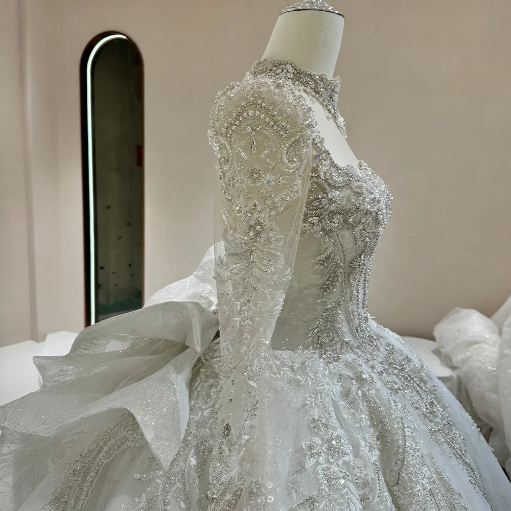 Elegant White Long Sleeve Wedding Dress with Court Train & Lace Up Back - Perfect for Bridal, Formal Events & Romantic Photos