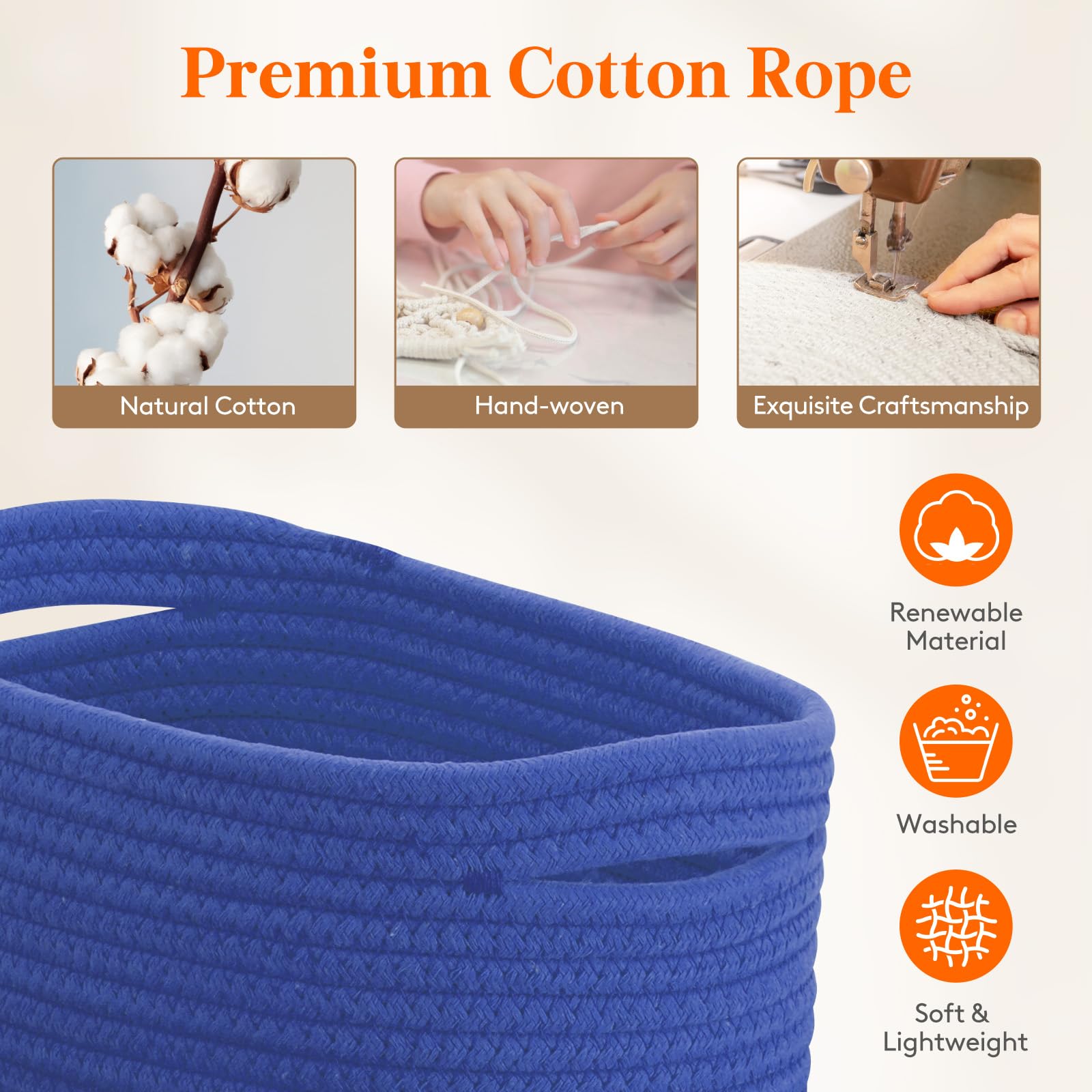 12-Pack Woven Cotton Rope Storage Baskets - Small Cube & Round Organizer Bins for Closet, Living Room, Bedroom | Perfect for Toy Storage, Laundry Organization & Home Decor (White & Blue)