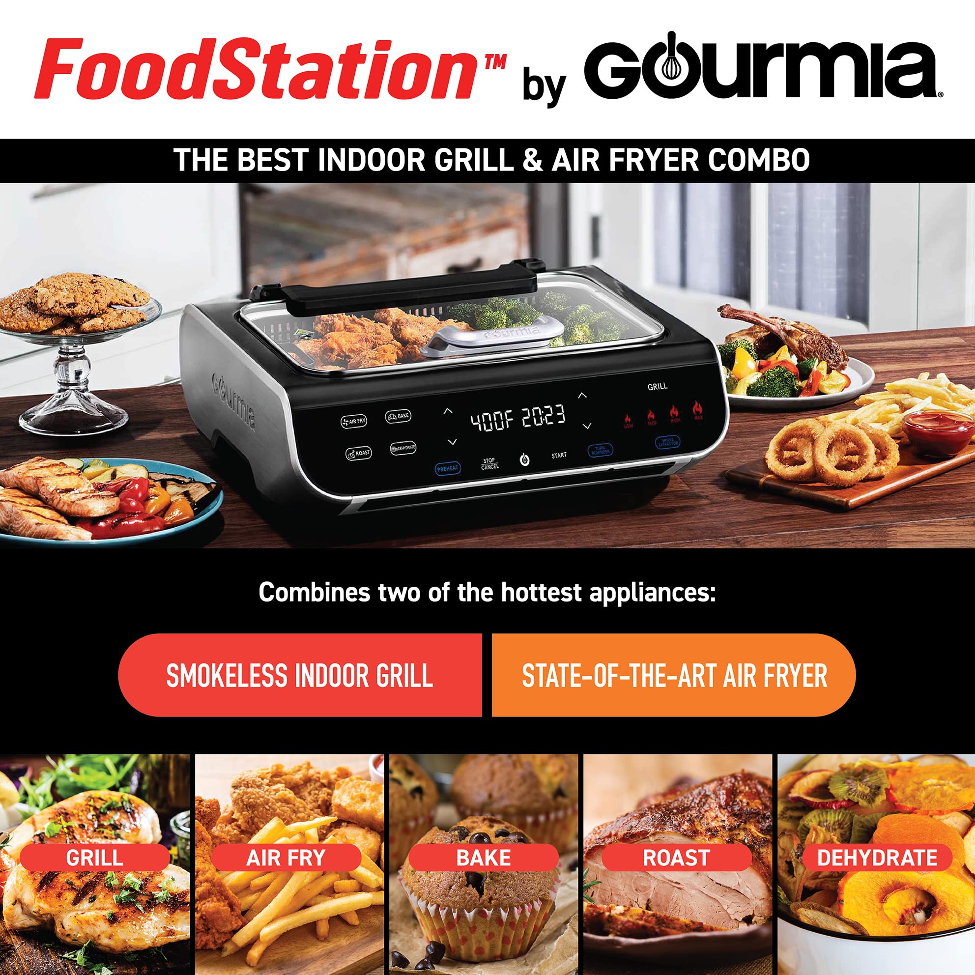 Gourmia Smokeless Indoor Grill & Air Fryer - 6QT Nonstick Electric Grill for Korean BBQ & Raclette