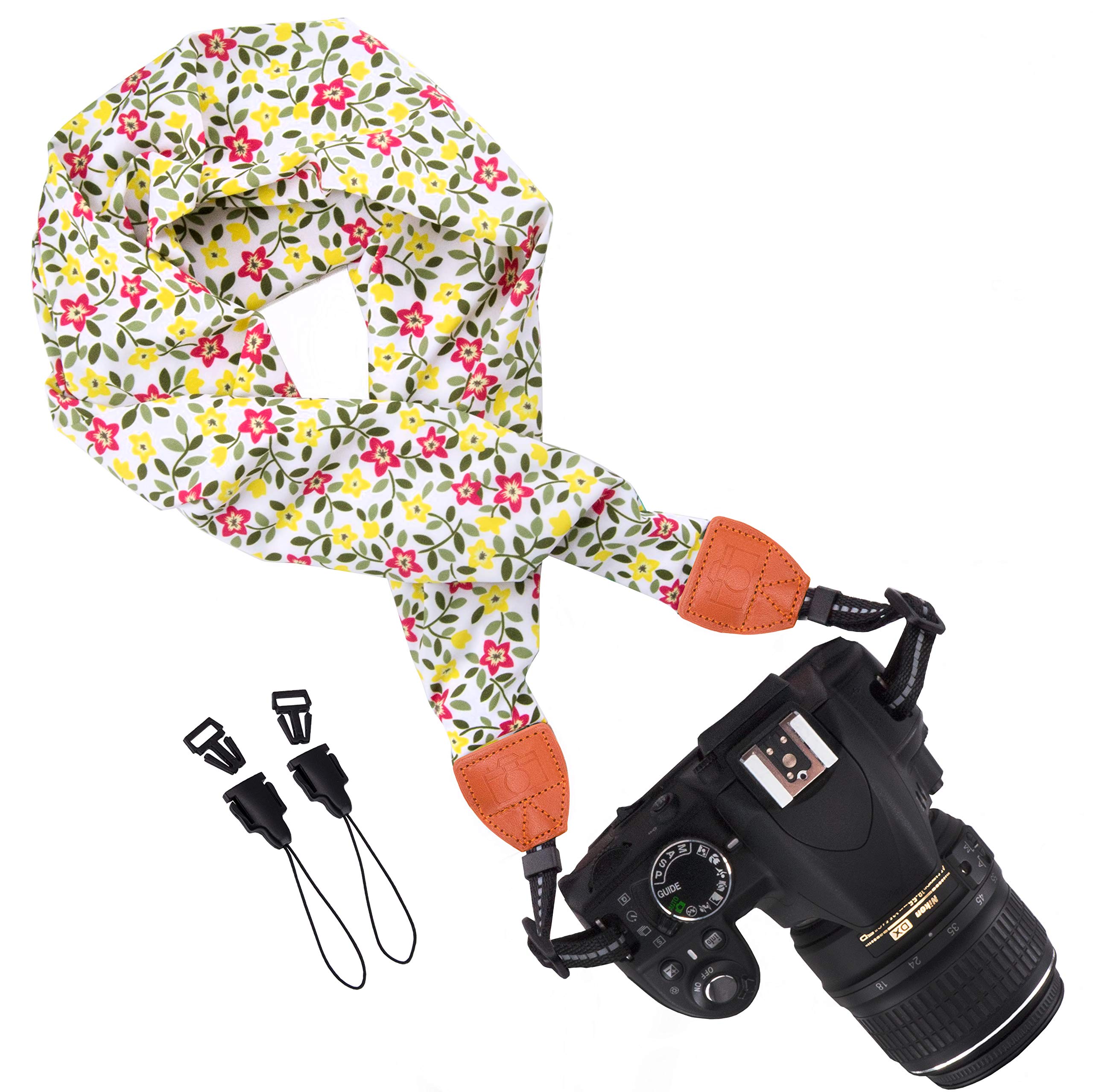 Wolven Soft Camera Neck Strap - Adjustable DSLR/SLR/Digital Camera Shoulder Belt for Canon Nikon Sony Fujifilm - Yellow Floral Design for Travel Photography & Outdoor Shooting