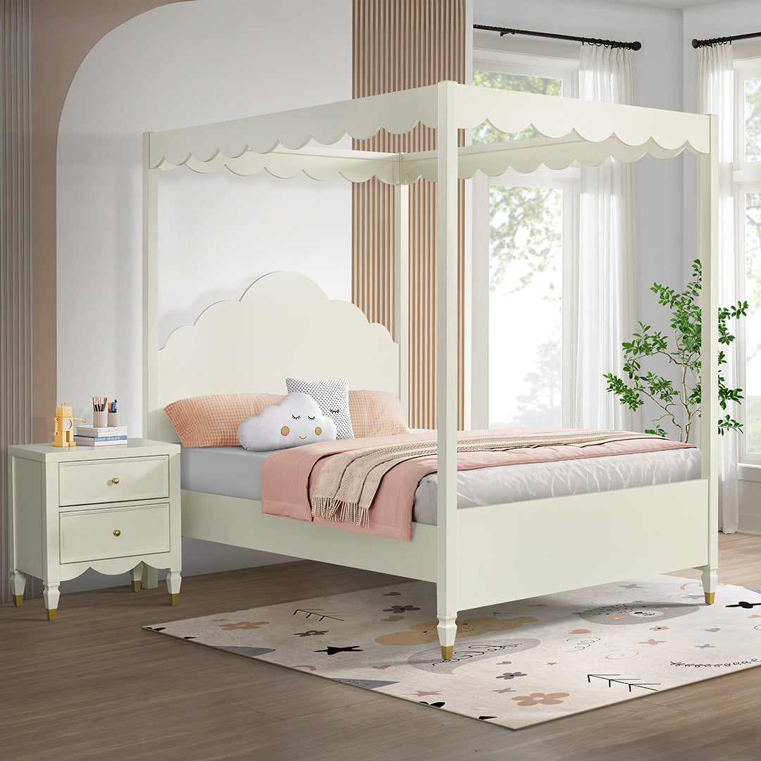 Olivia Canopy Bed - Queen Size White Wooden Four Poster Bed Frame with Curtains for Romantic Bedroom Decor, Perfect for Master Bedrooms, Guest Rooms & Cozy Retreats