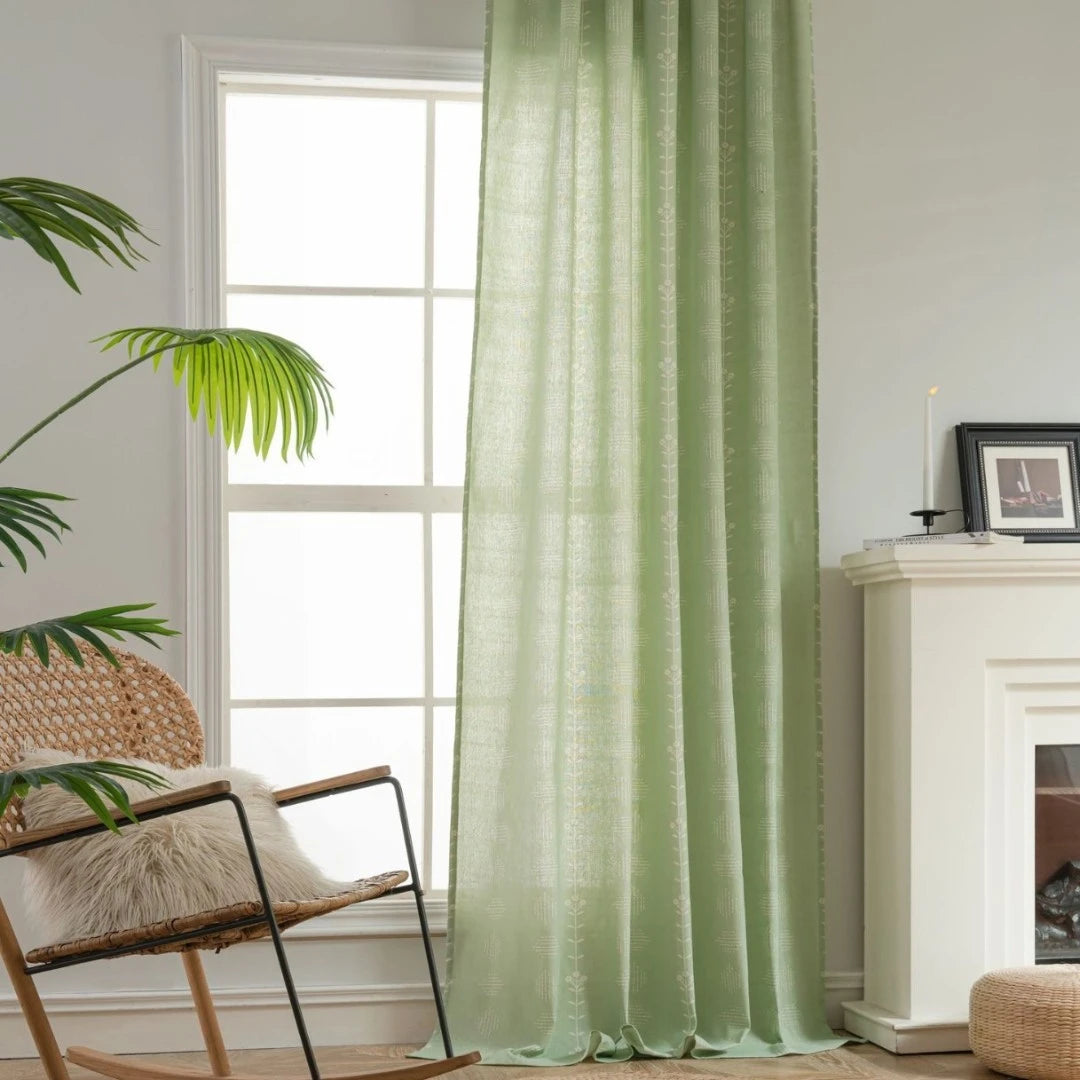 Boho Botanical Geometric Semi-Sheer Custom Curtains for Living Room & Bedroom - Light Filtering Window Drapes with Nature-Inspired Design