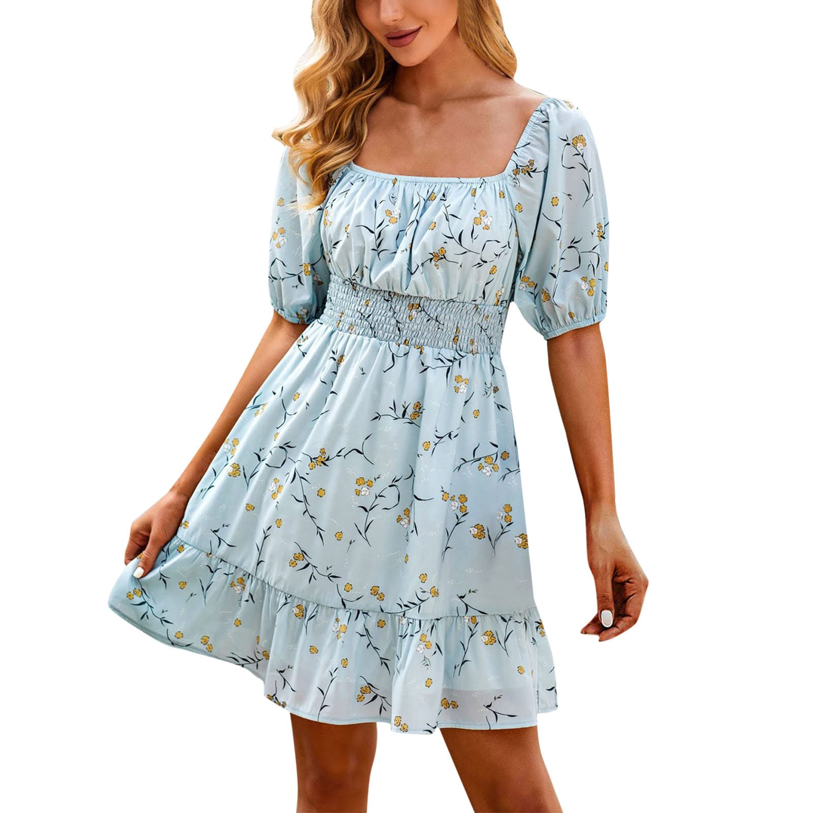 Boho Floral Print Summer Dress for Women - Square Neck A-Line Mini Beach Dress with Short Sleeves | Perfect for Beach Vacations, Parties & Casual Outings