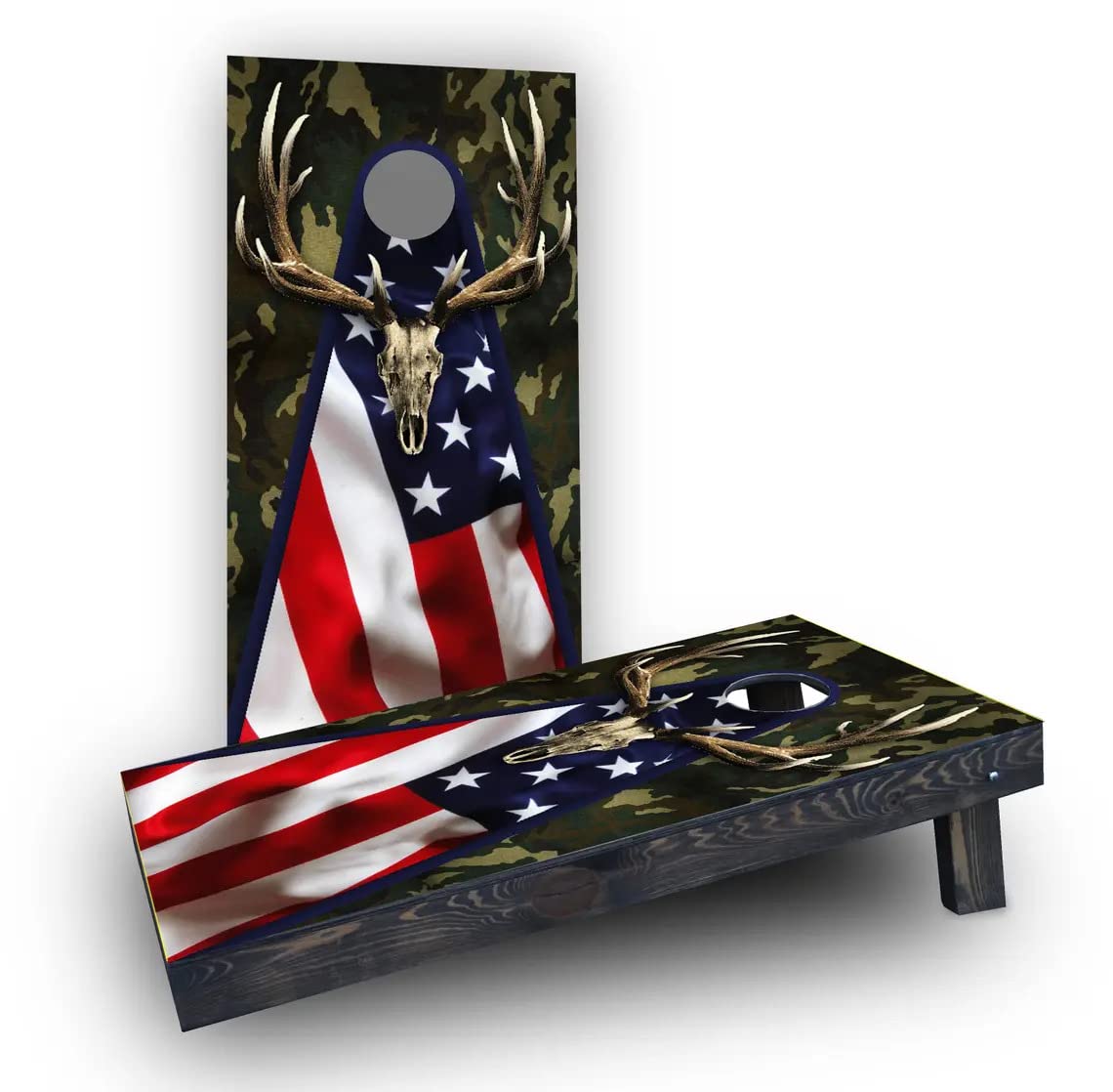 Trophy Buck American Camo Custom Cornhole Board Set - Premium Outdoor Bean Bag Toss Game for Adults & Kids - Perfect for Backyard Parties, Beach Games, Park Picnics, Tailgating Events & Camping Trips - Durable White Cornhole Boards with Carrying Case