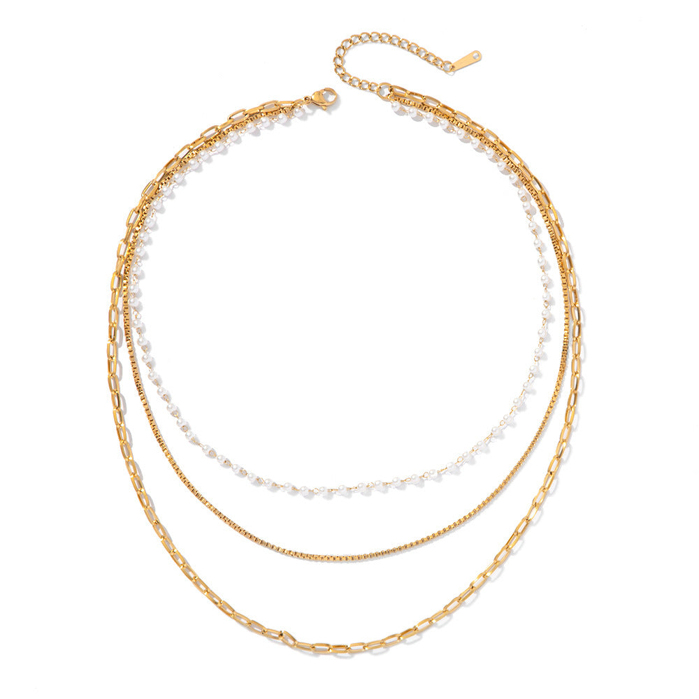 18K Gold Multi Layer Box Chain Necklace with Pearl Beads - Elegant Layered Jewelry for Women | Perfect for Weddings, Parties & Special Occasions | JDN20667
