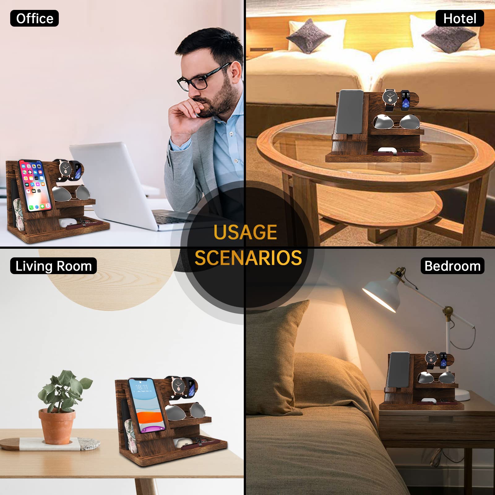 Wooden Phone Docking Station Organizer - Premium Desk & Nightstand Organizer for Men | Perfect Birthday Gift, Father's Day, Valentine's Day Present | Ideal for Office, Bedroom & Home Organization