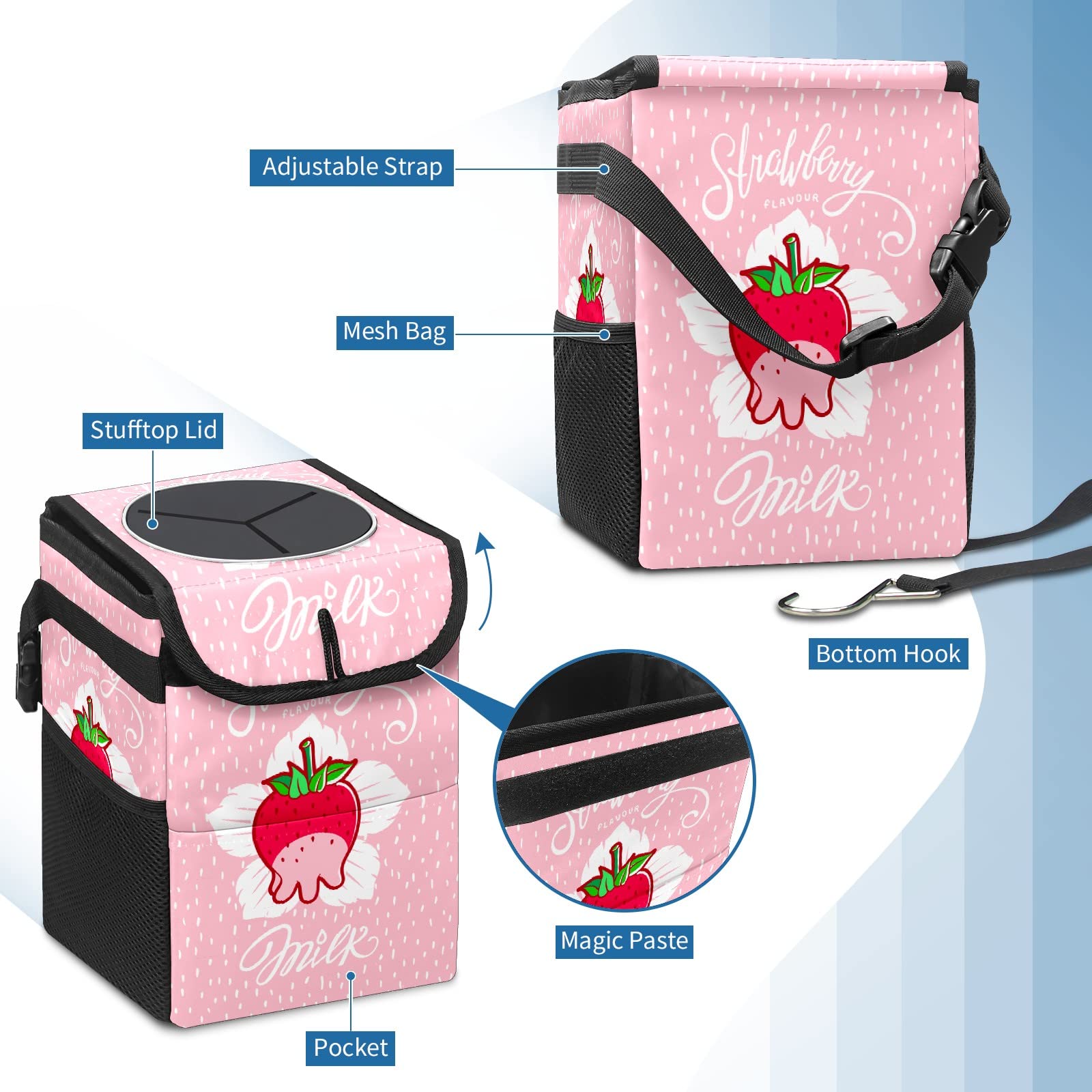 Collapsible Reusable Waterproof Car Trash Can with Lid - Strawberry Milk Design - Automotive Garbage Bin for Car, Truck & SUV - Perfect for Road Trips, Commuting & Keeping Your Vehicle Clean