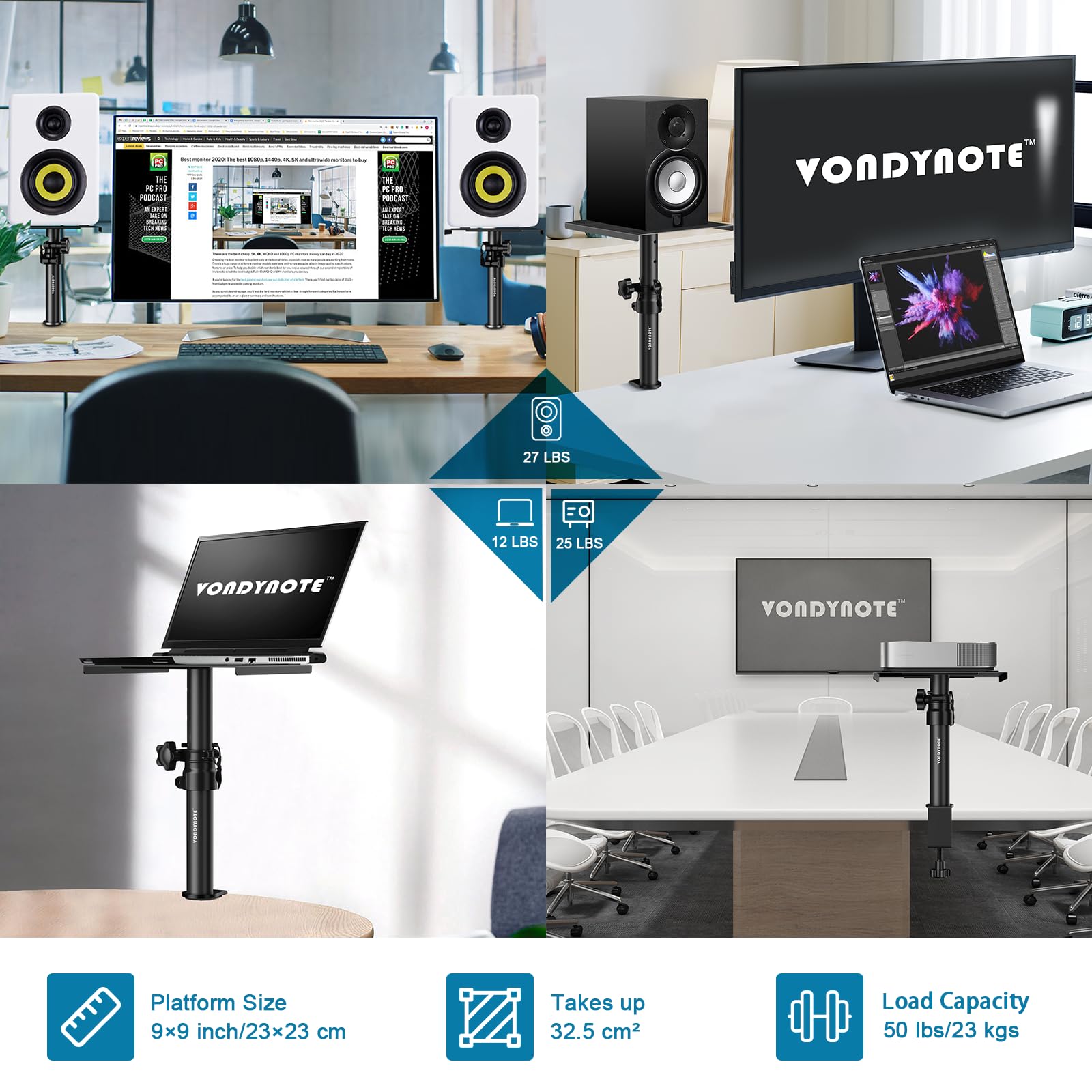 2 Pack Adjustable Desktop Clamp Speaker Stands - Short Studio Monitor Stands with Height Adjustment for Home & Office Audio Setup