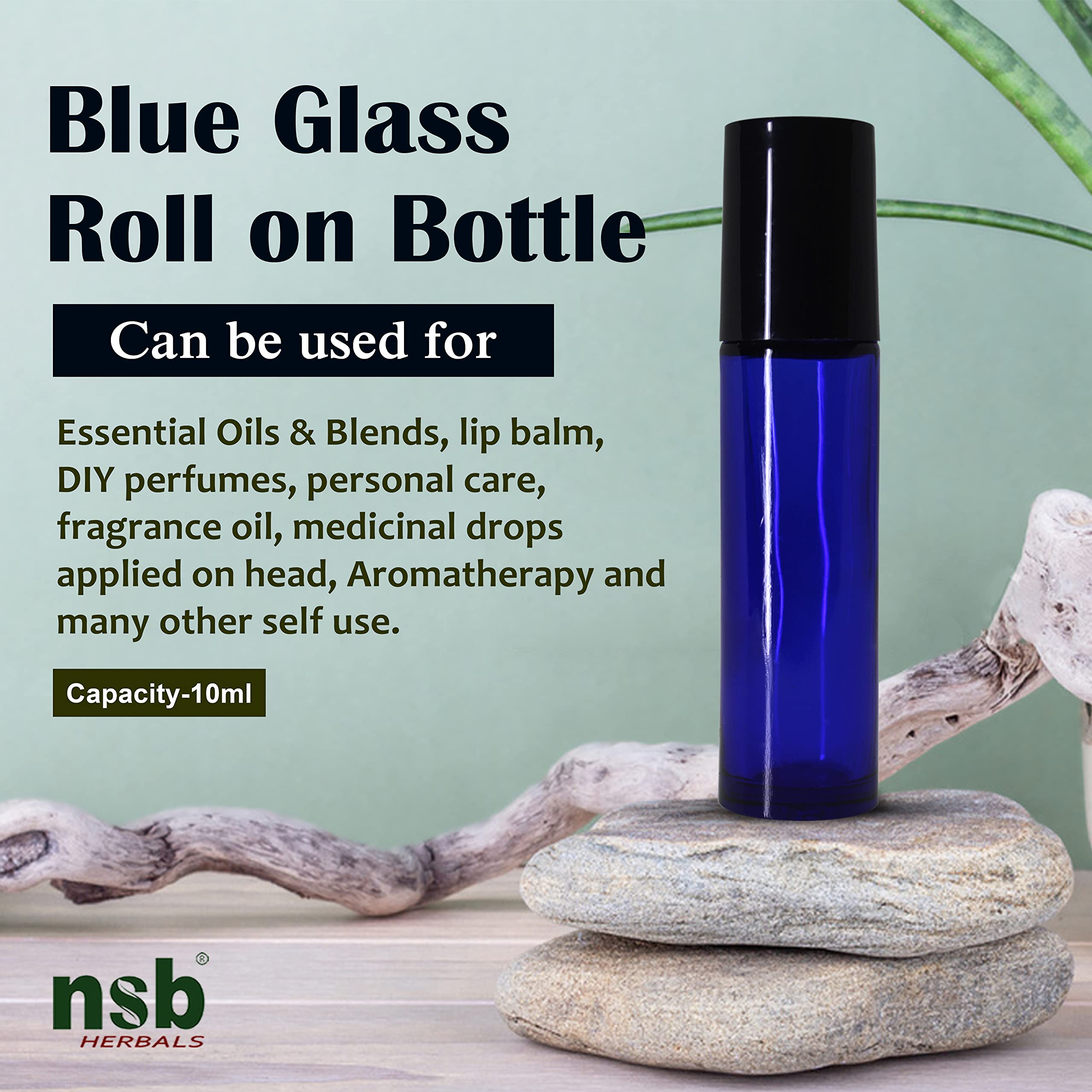 NSB Herbals 10ml Empty Blue Glass Roll On Bottles with Black Cap - Refillable Essential Oil Bottles for Aromatherapy, Perfume, Lip Balm | Perfect for Travel, DIY Beauty & Home Fragrance (Pack of 3)