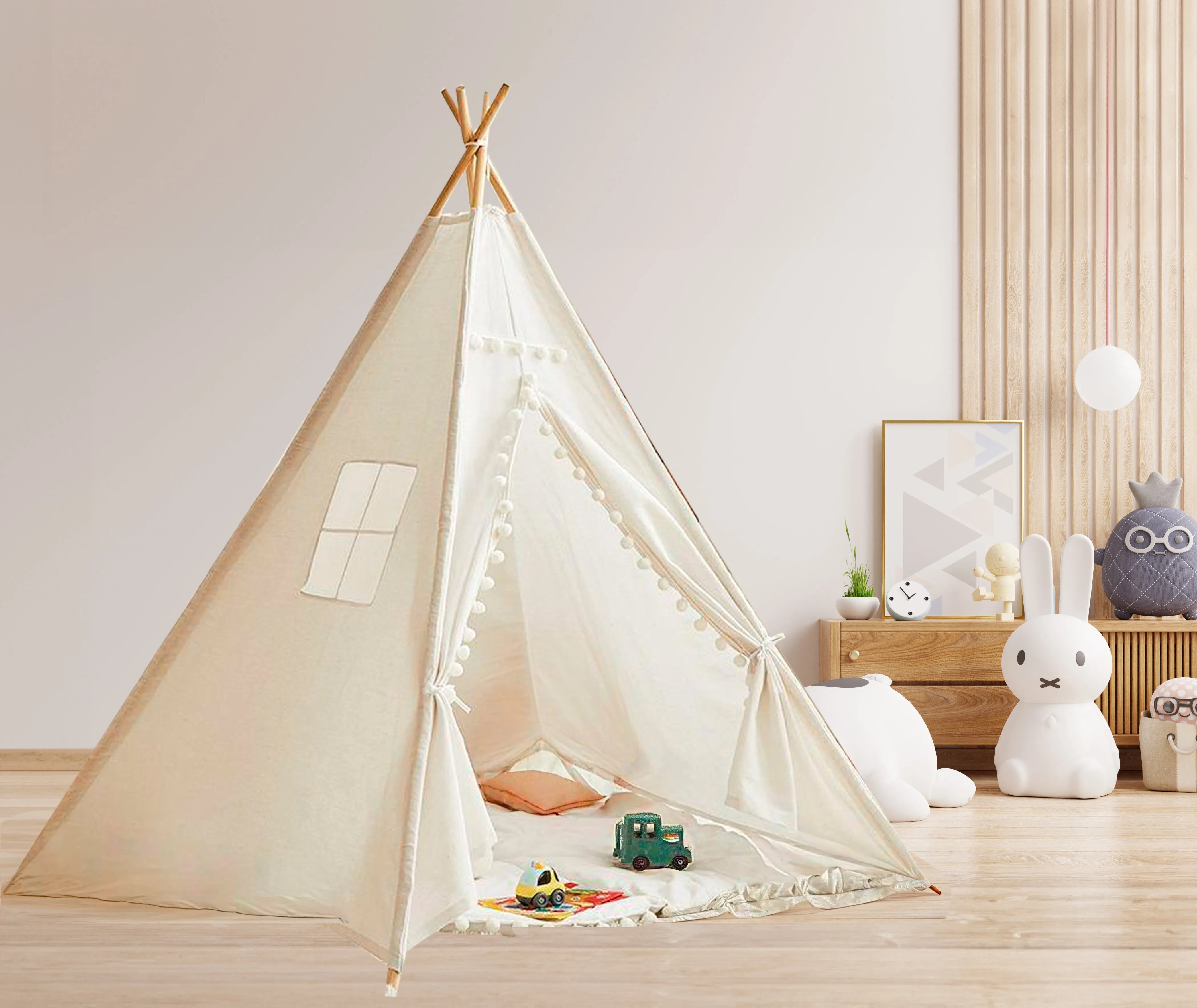 Large Foldable Kids Canvas Teepee Play Tent with LED Lights - White | Indoor Outdoor Playhouse for Children's Reading Nook, Camping Pretend Play & Birthday Decor