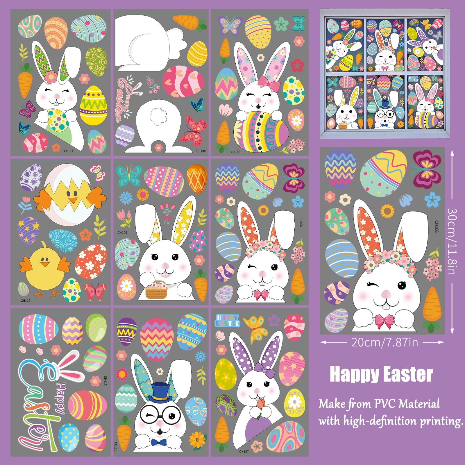 Easter Window Clings Decorations - 9 Sheets Bunny & Eggs Stickers for Home, Office, Classroom - Easter Door & Window Decals - Spring Holiday Party Decor (FHJ24003) - Perfect for Easter Egg Hunts, Classroom Activities & Home Decorating