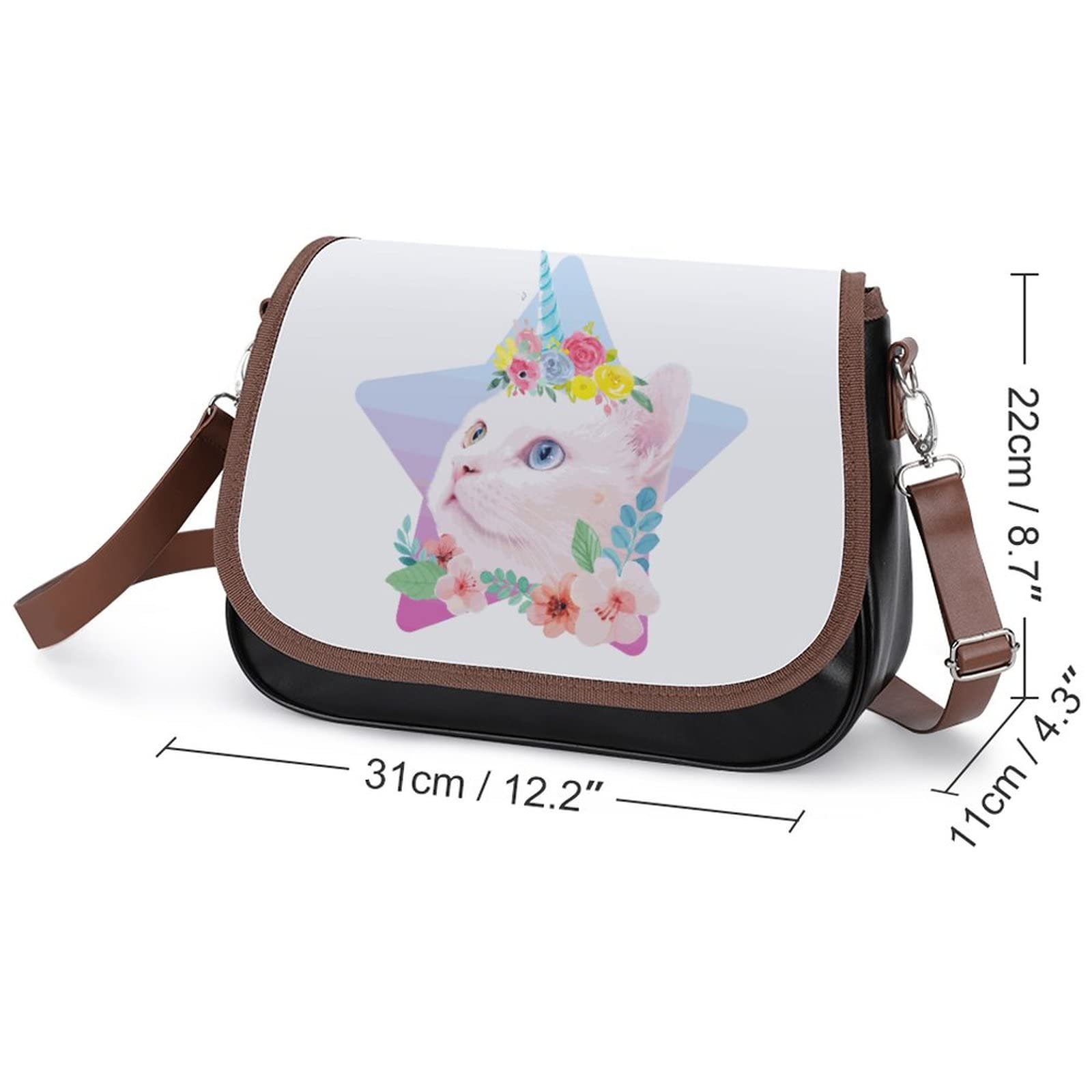Stylish Women's Crossbody Bag - Genuine Leather Satchel with Cat, Unicorn & Floral Prints - Casual Shoulder Messenger Purse for Daily Use, Travel & Shopping