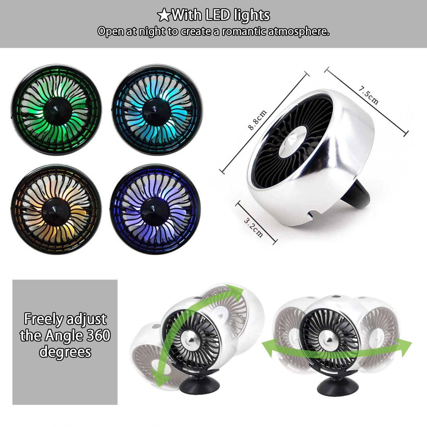 Kwak's Mini Car Vent Fan with LED Light - ABS Portable Cooling Fan for Car, Home & Office - Black - Perfect for Travel, Work & Indoor Cooling