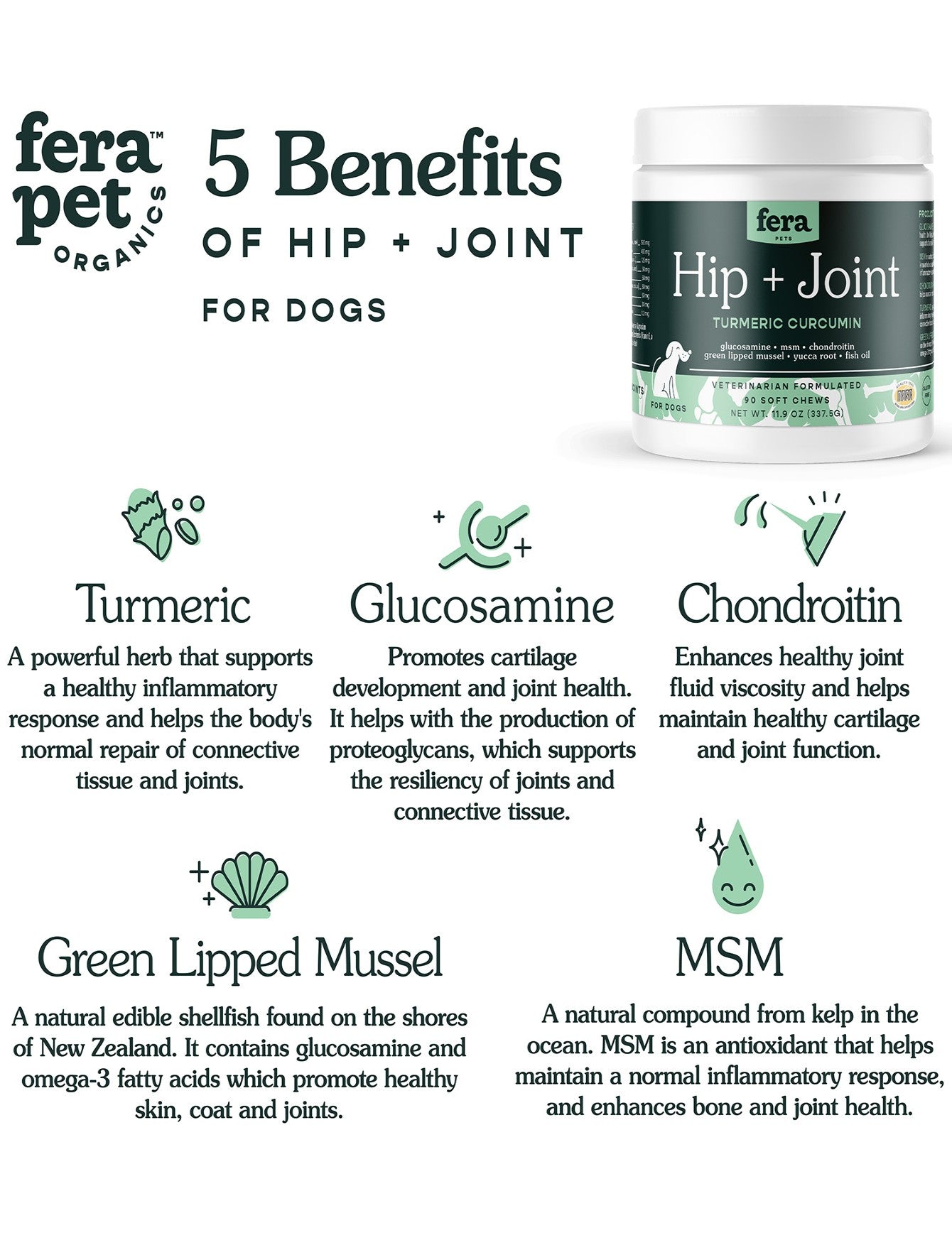 Fera Pet Organics Hips & Joints Supplement for Dogs - 90 Count Soft Chews | Supports Mobility & Joint Health | Great for Senior Dogs & Active Breeds
