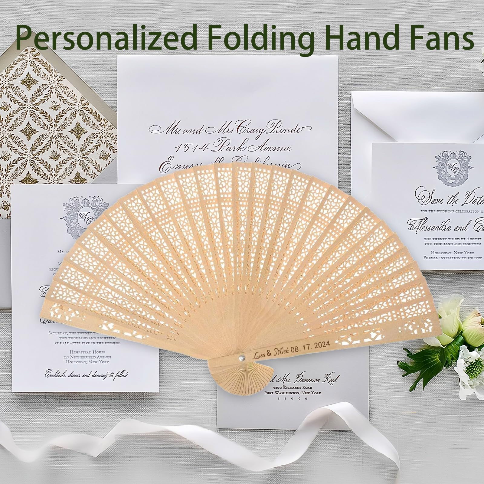 100Pcs Personalized Sandalwood Wedding Folding Hand Fans - Custom Printed Wedding Party Favors with Organza Bags - Elegant Guest Gifts for Outdoor Ceremonies, Beach Weddings & Summer Events (100 Count)
