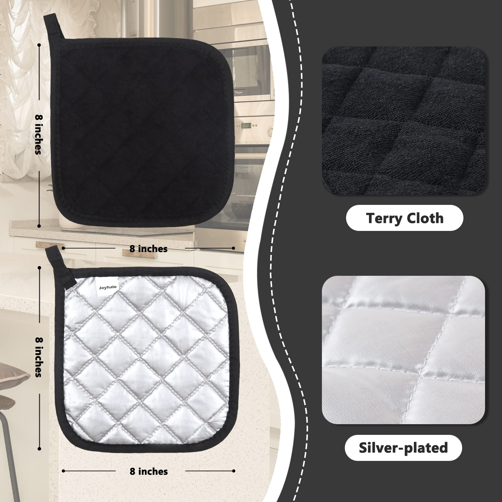 Joyhalo 6 Pack Heat Resistant Kitchen Pot Holders - Oven Mitts & Hot Pads Set for Cooking, Baking, Grilling - Terry Cloth Oven Gloves for Stove, BBQ & Kitchen Safety