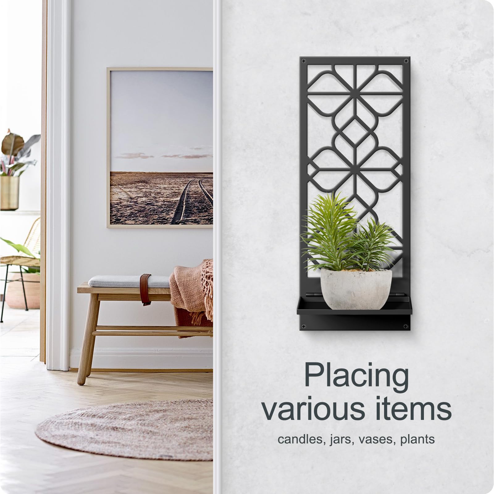 Black Metal Wall Decor - Minimalist Retro Candle Holder for Farmhouse, Bathroom & Living Room (2-Pack)